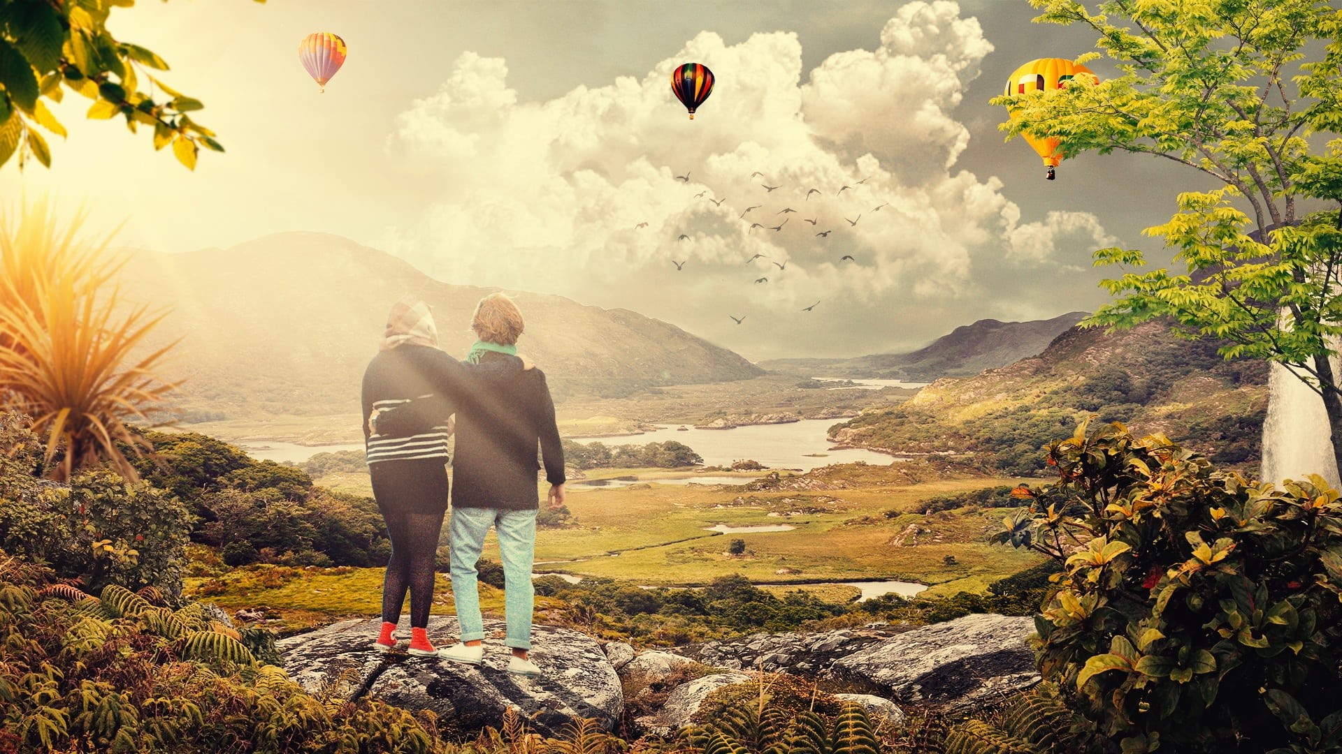 tree, plant, women, togetherness, collage, photomanipulation, watching, two people, adventure, balloon, sky, 1080P, forest, digitalart, people, heterosexual couple, HD Wallpaper