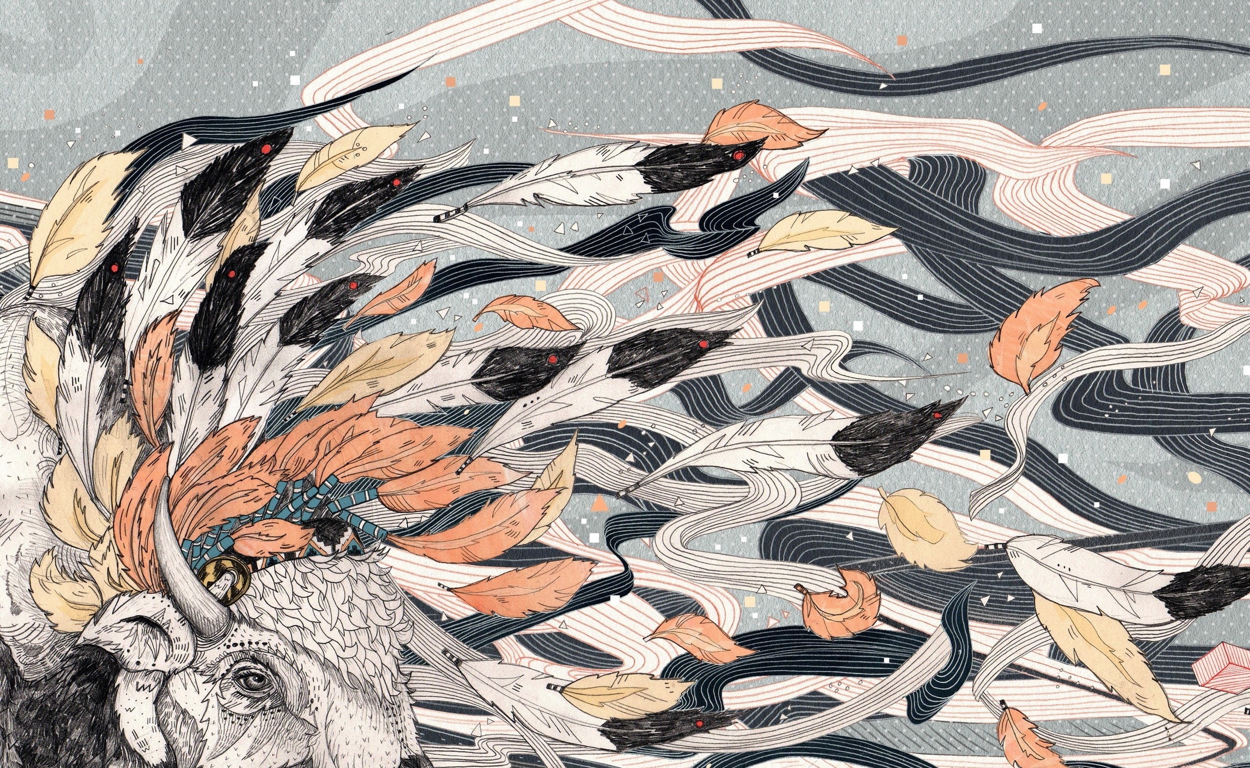 Feathers, Artistic, 2K, spirit, Animal, cow, digitalart, Drawings, HD Wallpaper