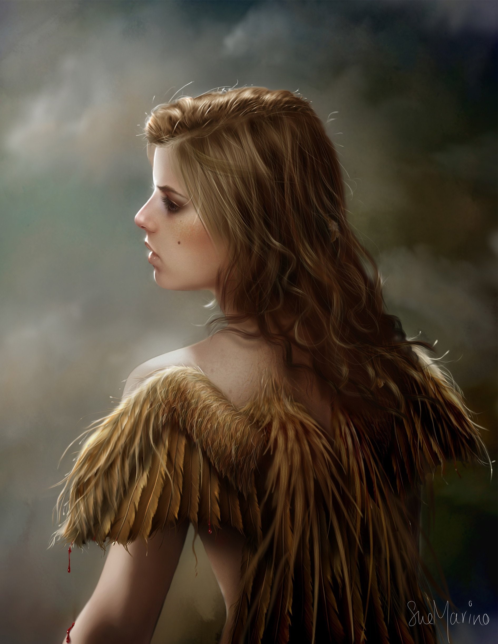 2D, blood, wings, gold, girl, 1080P, Digitalart, Blonde, art, Phone HD Wallpaper