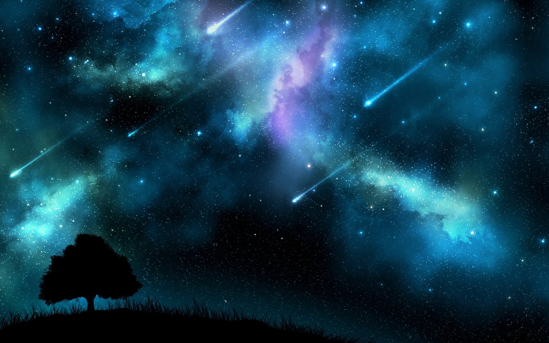 Meteor, 1080P, Trees, Silhouette, Blue, Shower, Sky, Night, HD Wallpaper