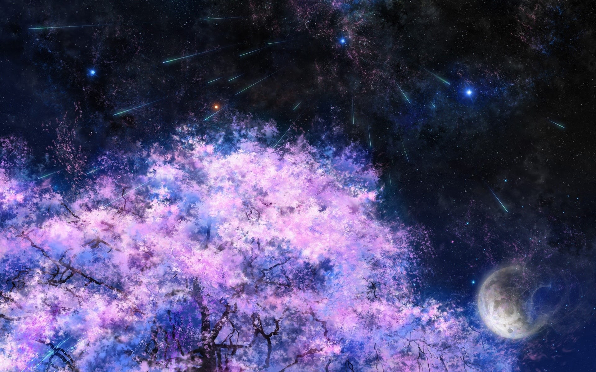 Trees, Cherry, Art, Shower, Meteor, Painting, Space, 1080P, HD Wallpaper