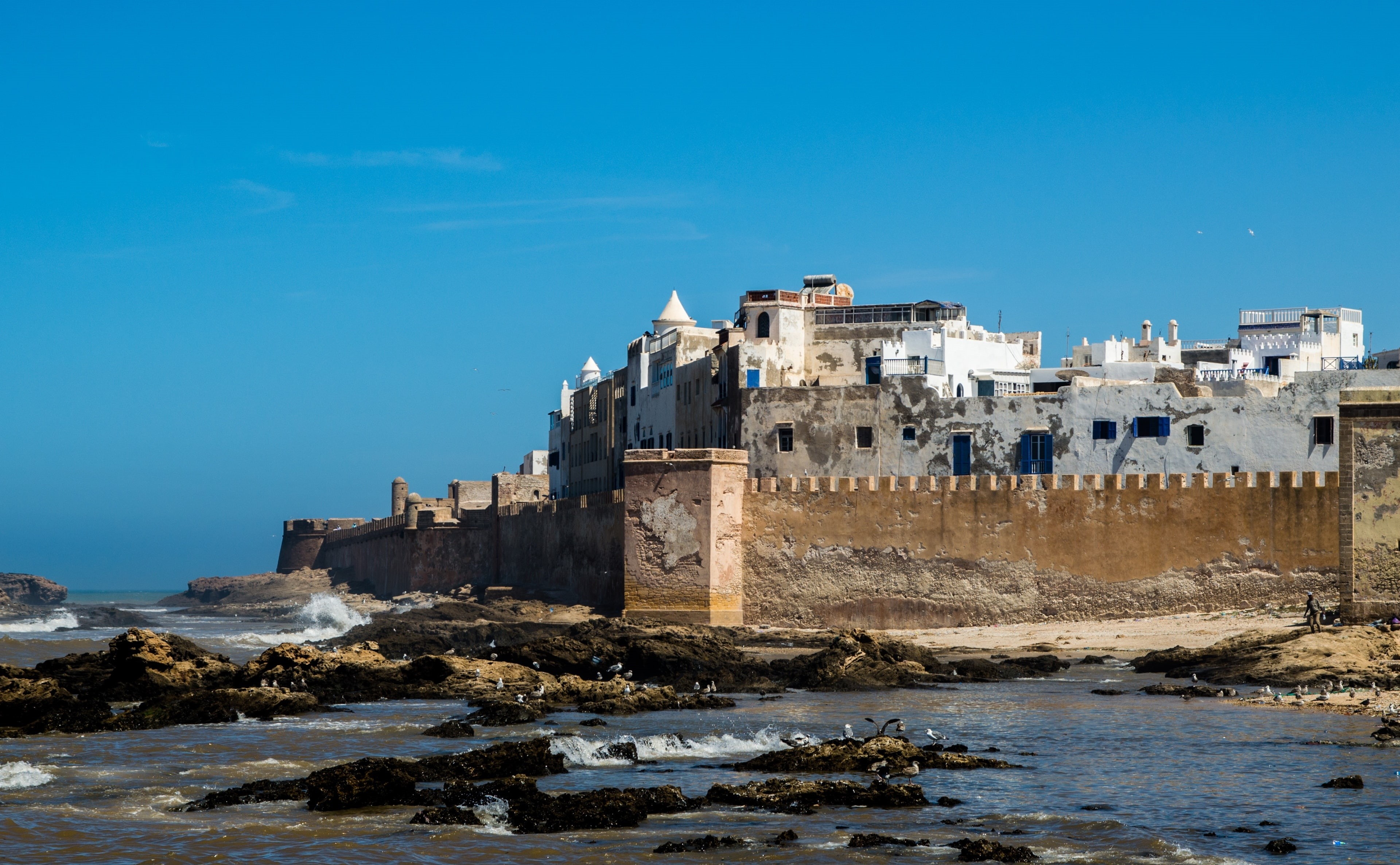 sea, copy space, white, Africa, clear sky, building, brown, building exterior, nature, outdoors, essaouira, built structure, no people, moroco, house, day, HD Wallpaper