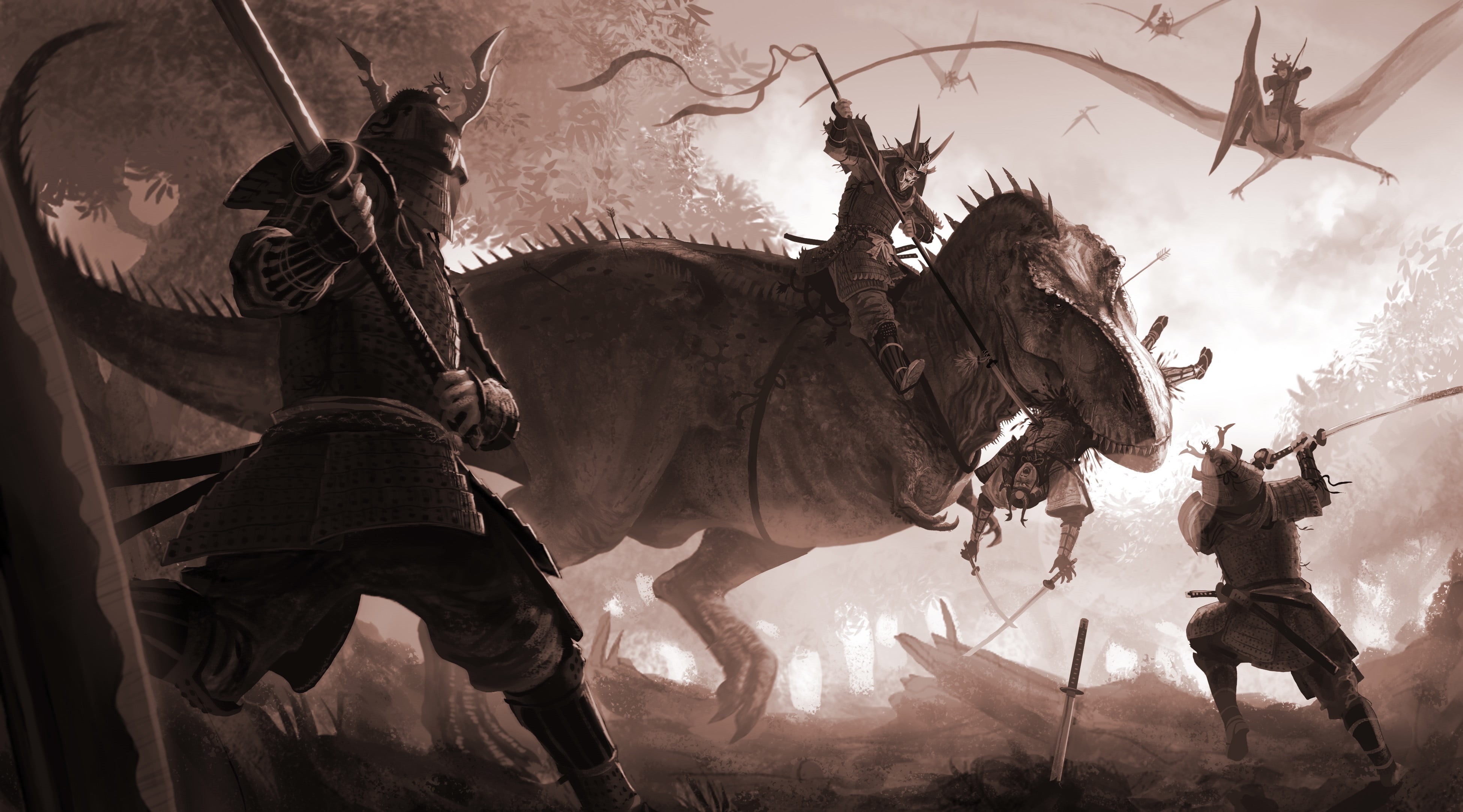 battle, animal themes, art and craft, herbivorous, animal, domestic, horse, man, T-Rex, sculpture, dinosaur, representation, architecture, cultures, animal representation, HD Wallpaper