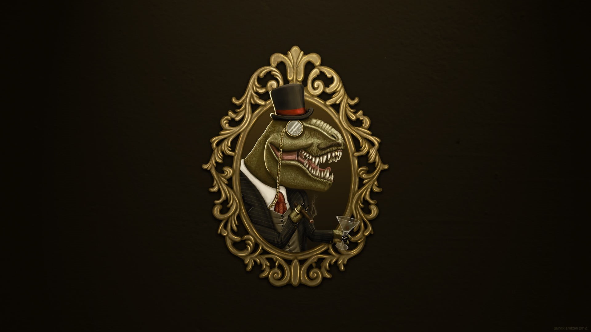 minimalism, 1080P, brown background, digital art, dinosaurs, close-up, craft, picture frames, hat, statue, simple background, indoors, animal, sculpture, HD Wallpaper