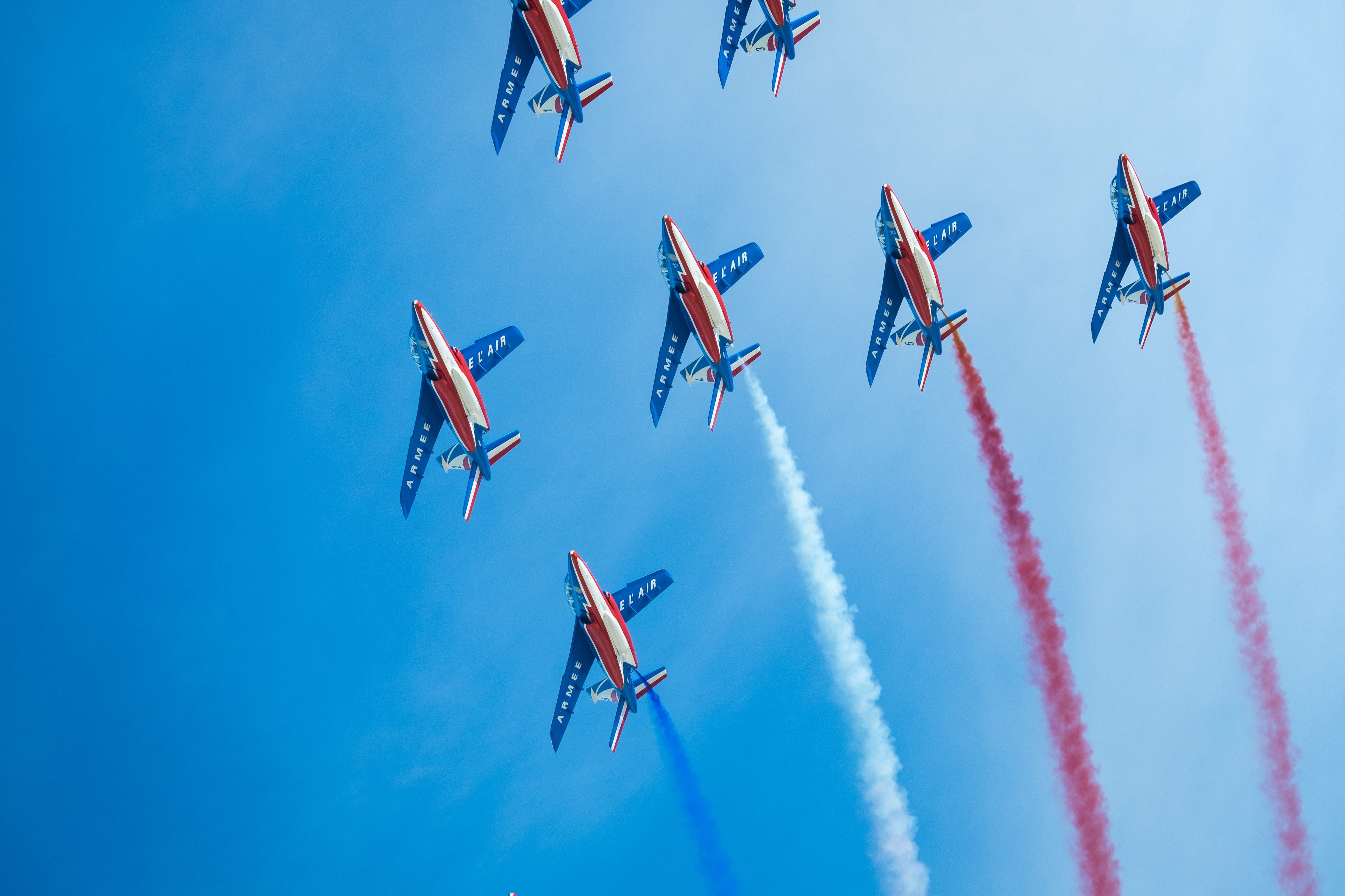 motion, emblem, smoke, flight, vapor trail, jetfighter, france, day, flying, nature, lapse, warplane, jet, 4K, mode of transportation, photography, low angle view, HD Wallpaper