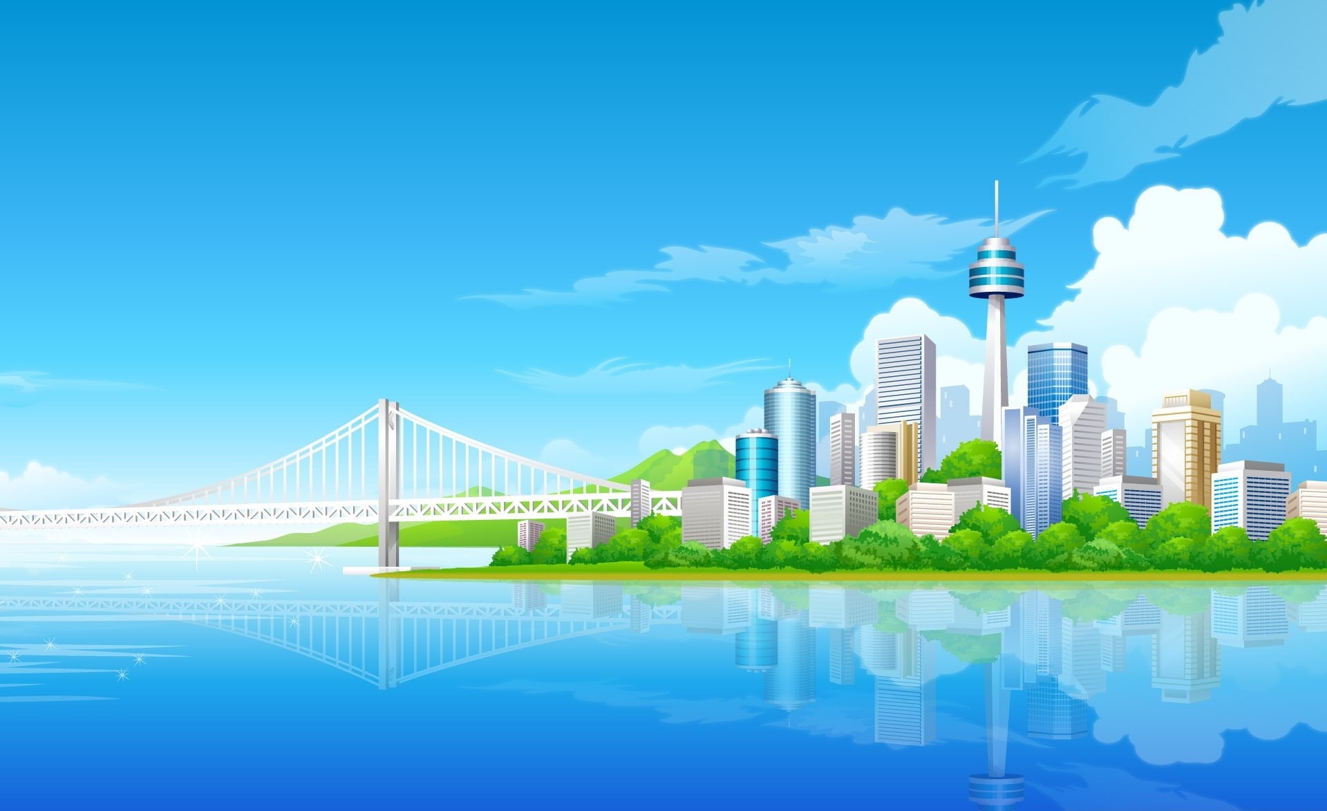 building exterior, tourism, bridge, travel destinations, outdoors, skyscraper, built structure, office building exterior, nature, Illustration, tall - high, HD Wallpaper