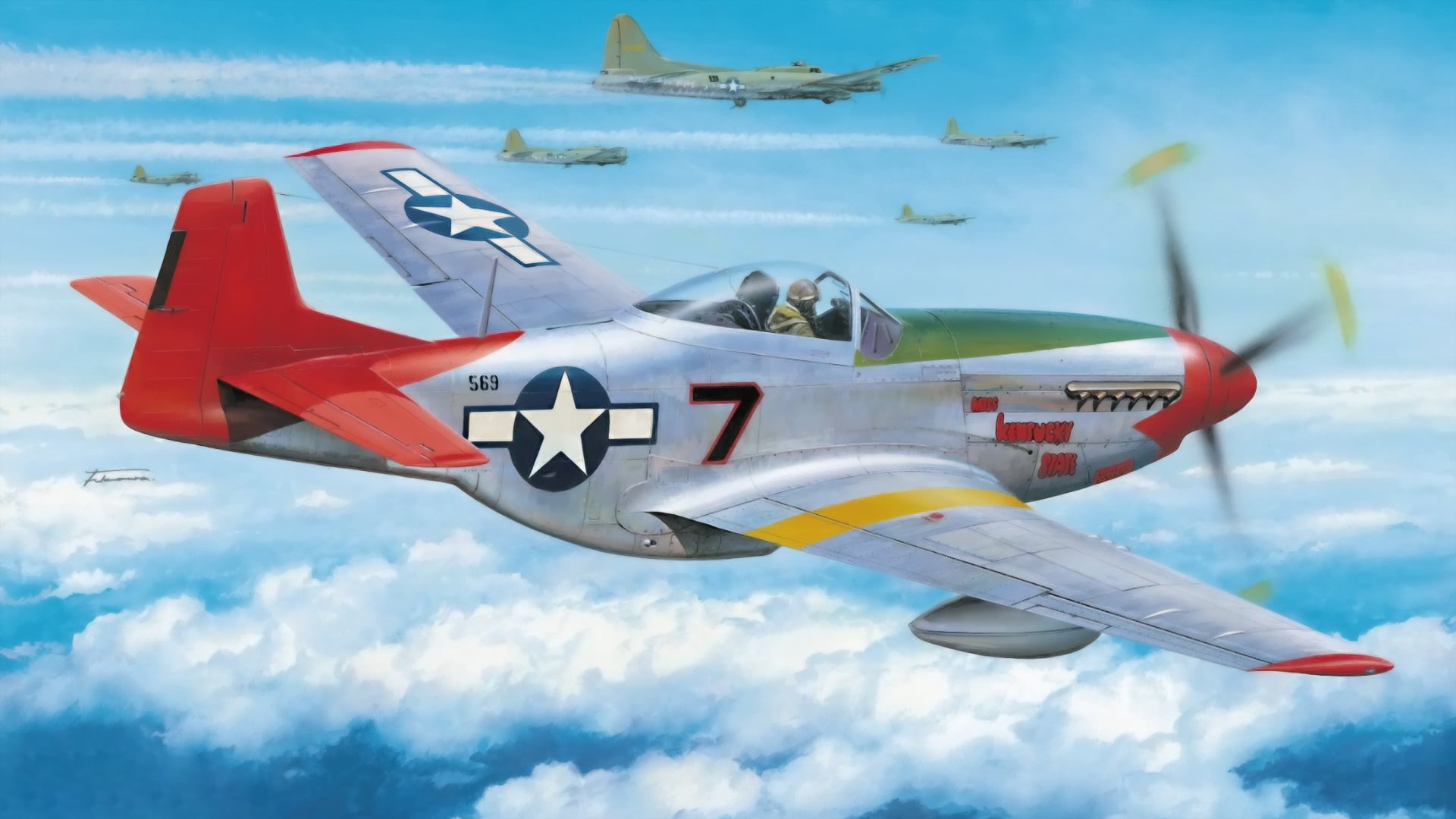 military airplane, aviation, day, air vehicle, war, cloud - sky, military, army, At tuskegee airmen, plane, painting, outdoors, 1080P, fighter, aerospace industry, HD Wallpaper