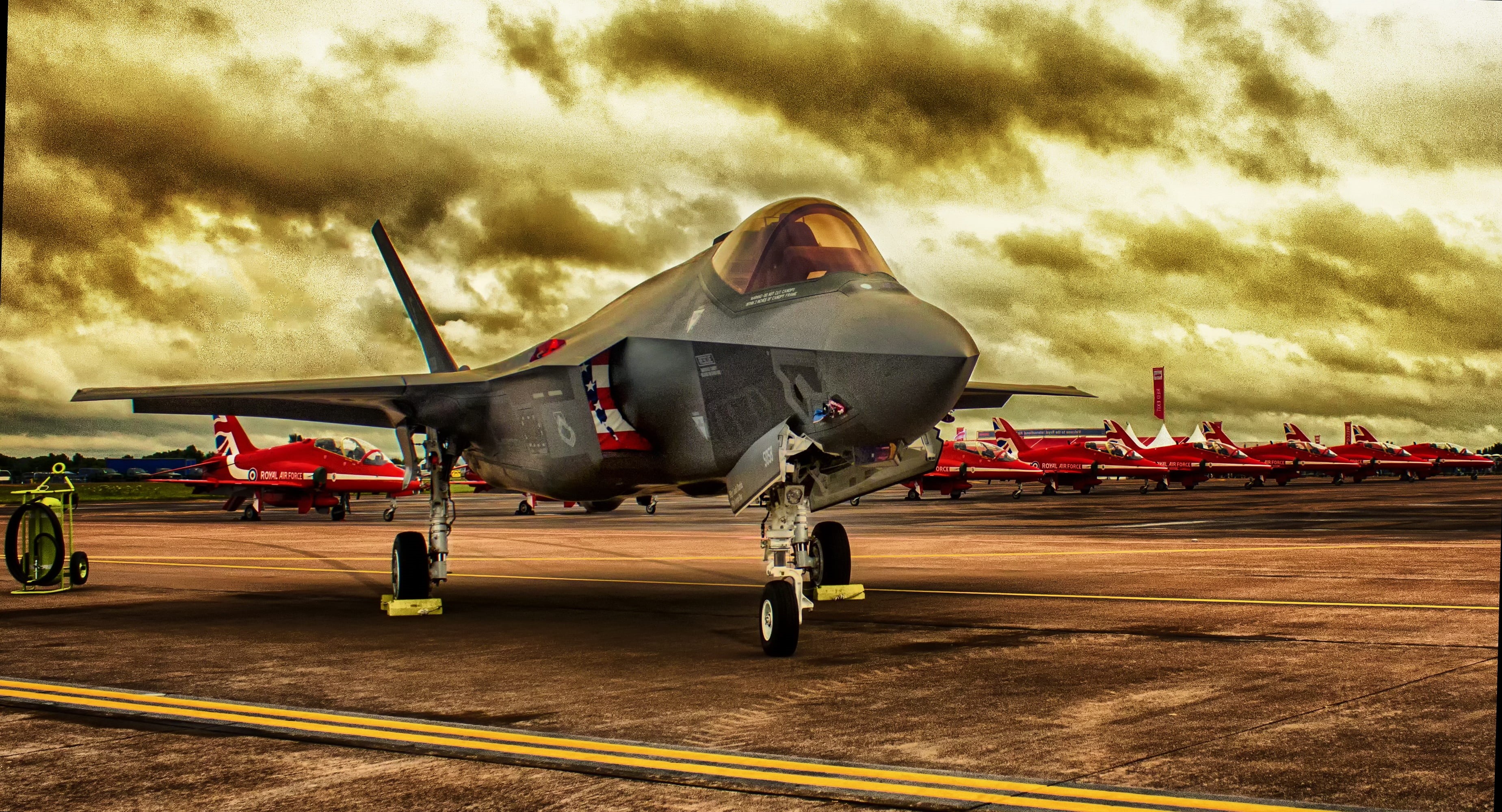 military airplane, outdoors, stationary, runway, transportation, air force, fighter, airport runway, flag, hdr, red, usa, aerospace industry, airplane, HD Wallpaper