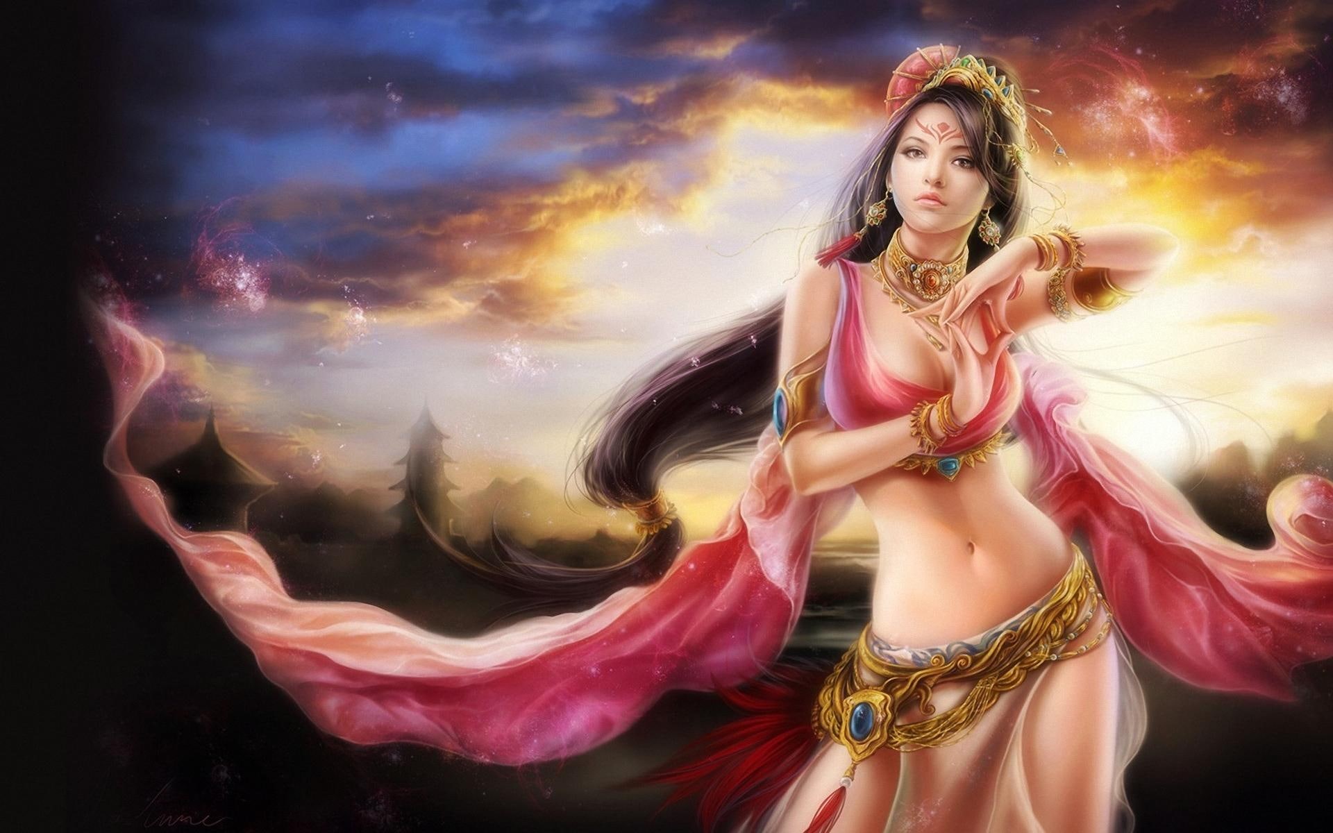 arabian, beauty, 3d and abstract, night, odalisque, 1080P, HD Wallpaper
