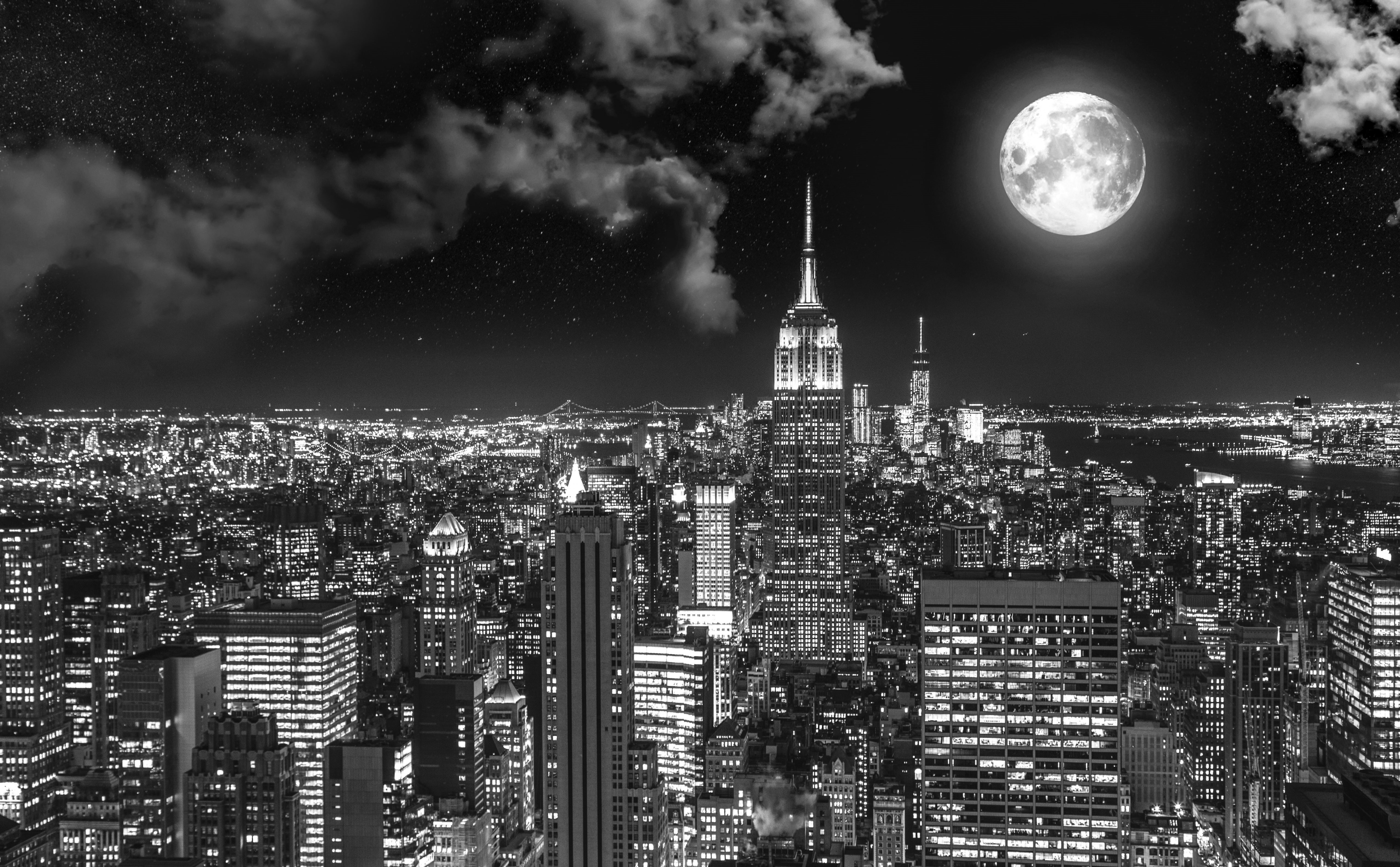 Skyscrapers, planetary moon, astronomy, sky, cloud - sky, 5K, space, no people, illuminated, financial district, blackandwhite, Moonlight, nature, HD Wallpaper