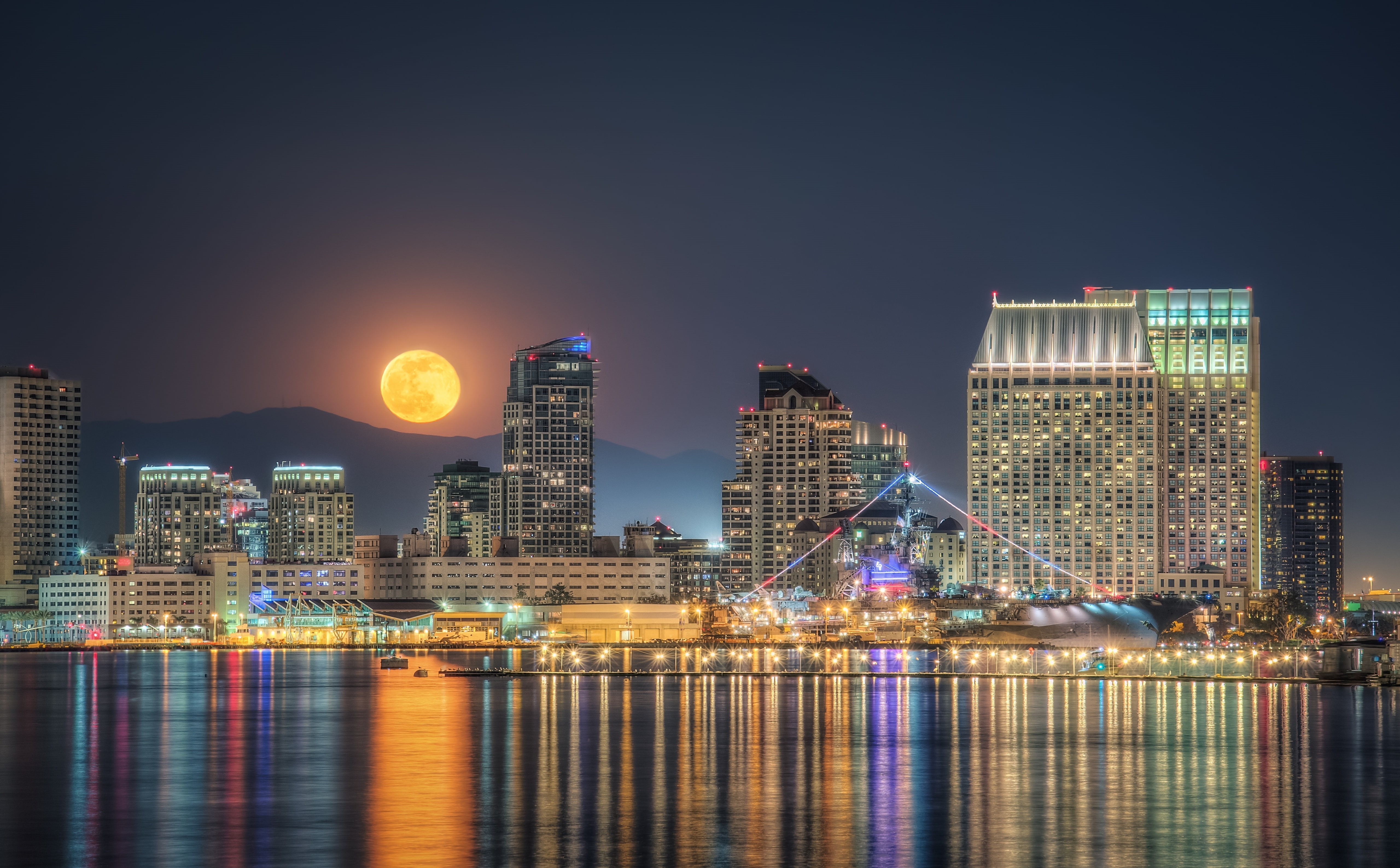 urban skyline, financial district, fullmoon, sandiego, City, office building exterior, Moon, 5dmark3, Reflections, canon5dmarkiii, full, sky, building exterior, HD Wallpaper