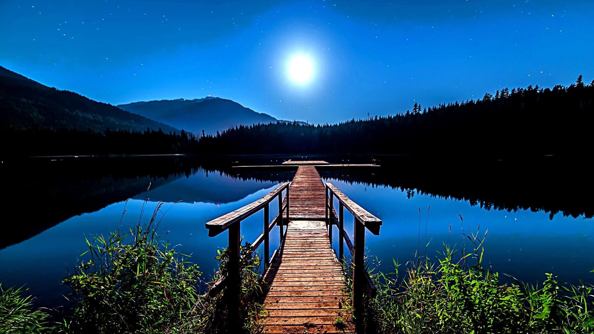 blue, canada, plant, full moon, british columbia, night sky, lost lake, astronomy, no people, lake, idyllic, sky, tranquil scene, mountain, beauty in nature, HD Wallpaper