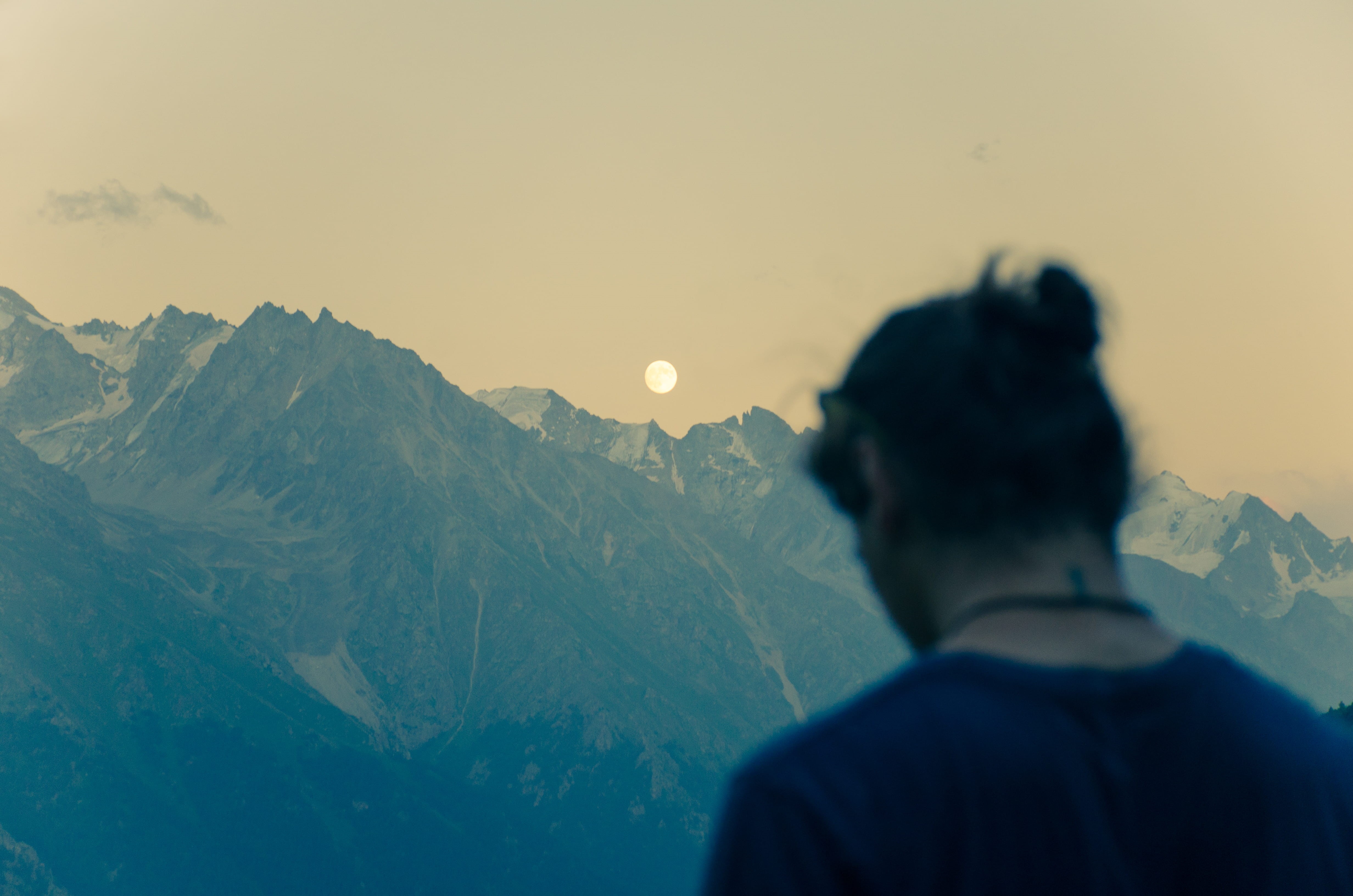 vacations, trip, scenics - nature, beauty in nature, landscape, nature, outdoors, environment, men, fullmoon, style, rear view, sky, sunset, caucasu, one person, HD Wallpaper