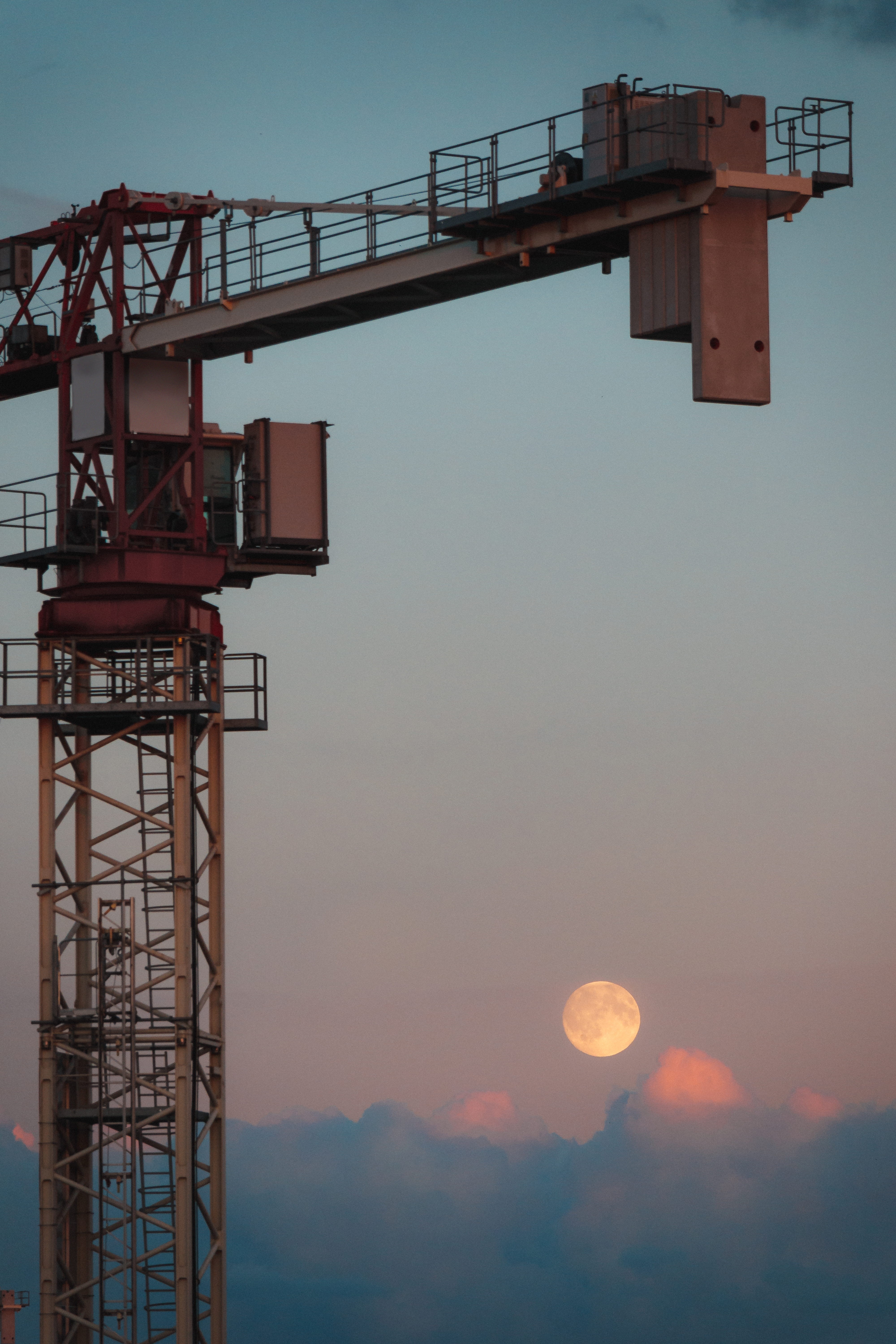 fullmoon, metal, industrial equipment, orange color, sun, construction equipment, construction industry, machinery, moody, moon, copenhagen, clear sky, Phone HD Wallpaper