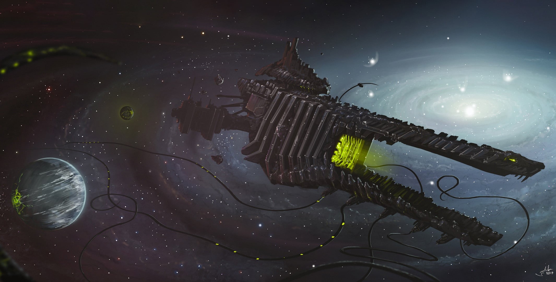 Art, 1080P, Vehicles, Nebula, Ancient Invader Spaceship, Fiction, Ship, The wormhole, Planet, Spaceship, Stars, Dmitrii Ustinov, Fantasy, SpaceArt, Spacecraft, HD Wallpaper
