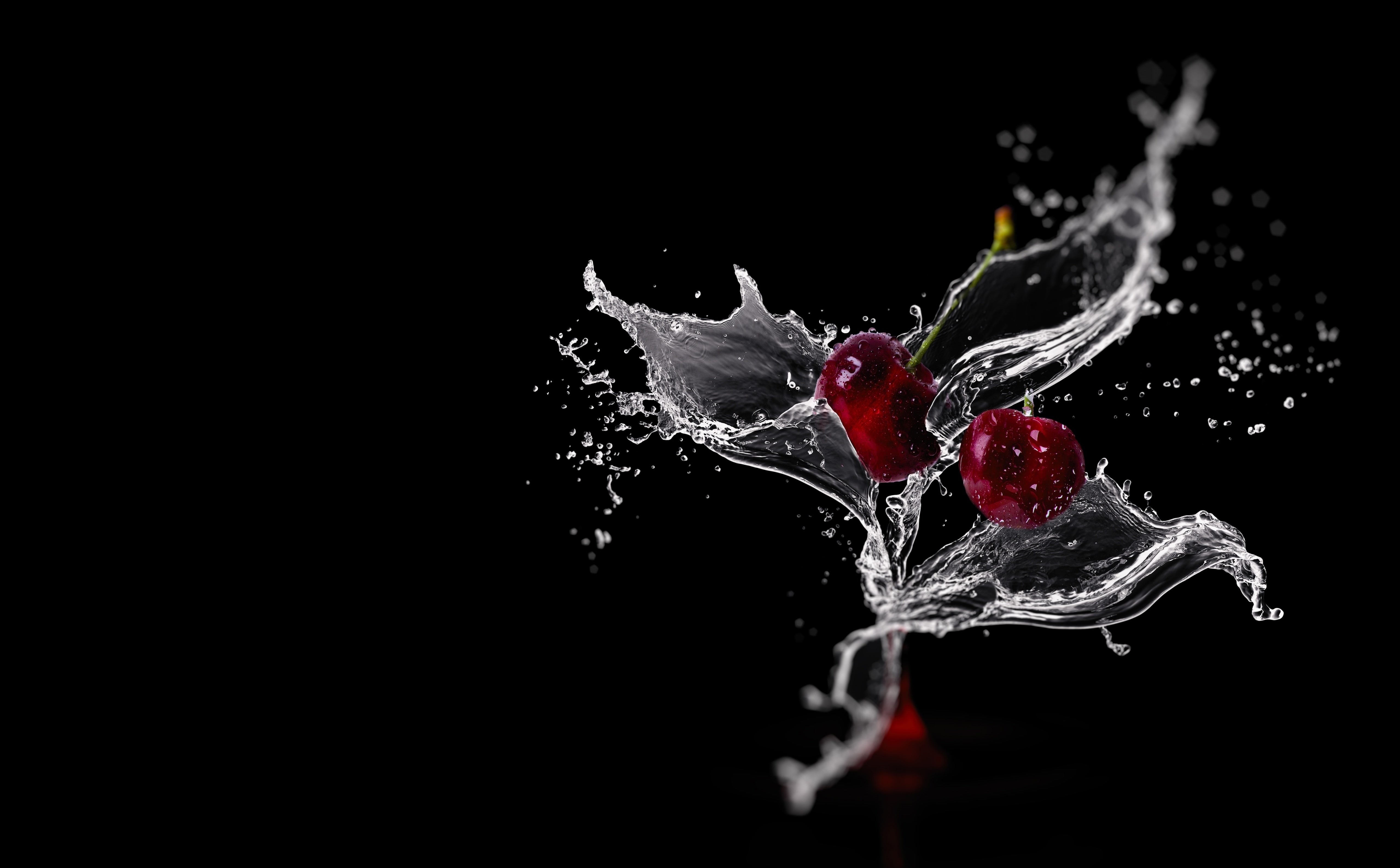 slowmotion, no people, 5K, Drops, Cherries, impact, drop, red, Cherry, digital, close-up, nature, indoors, black background, Splash, purity, HD Wallpaper