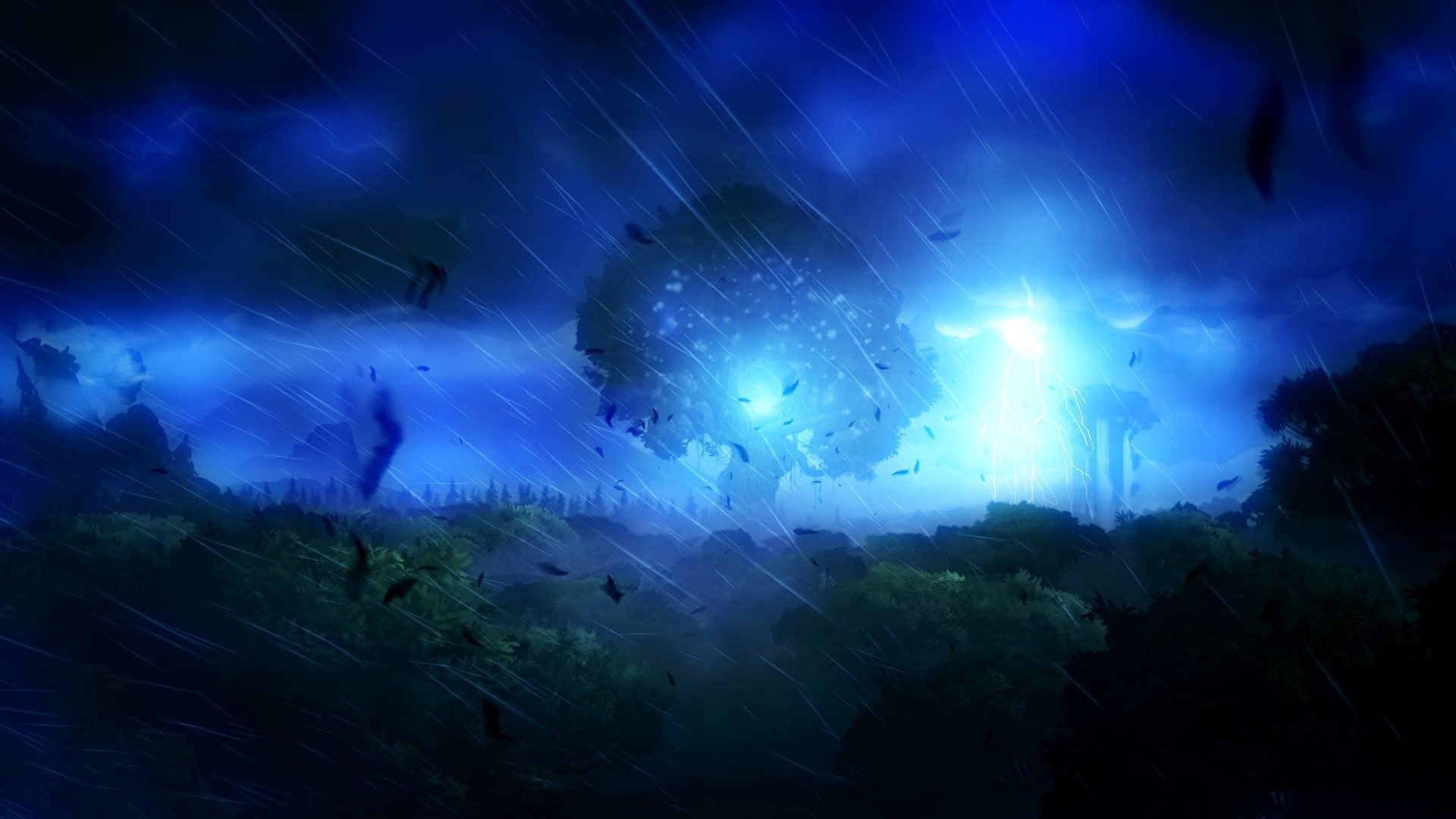 landscape, lights, forest, spirits, nature, 1080P, trees, Ori and the Blind Forest, storm, HD Wallpaper