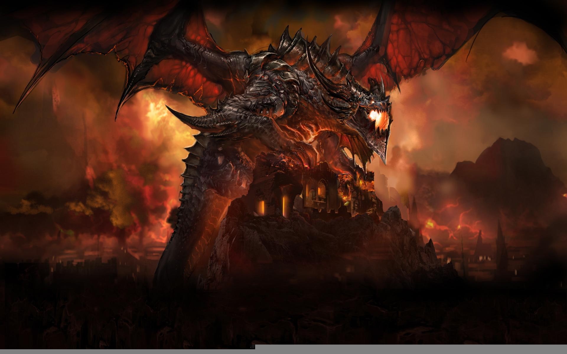 world of warcraft, dragon, wings, world, warcraft, tail, 1080P, fire, wildfire, HD Wallpaper