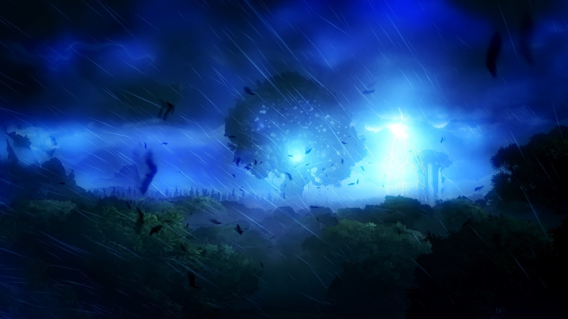 night, plant, low angle view, green, cloud - sky, blue, illustration, beauty in nature, 1080P, scenics - nature, spooky, tranquility, star - space, illuminated, HD Wallpaper