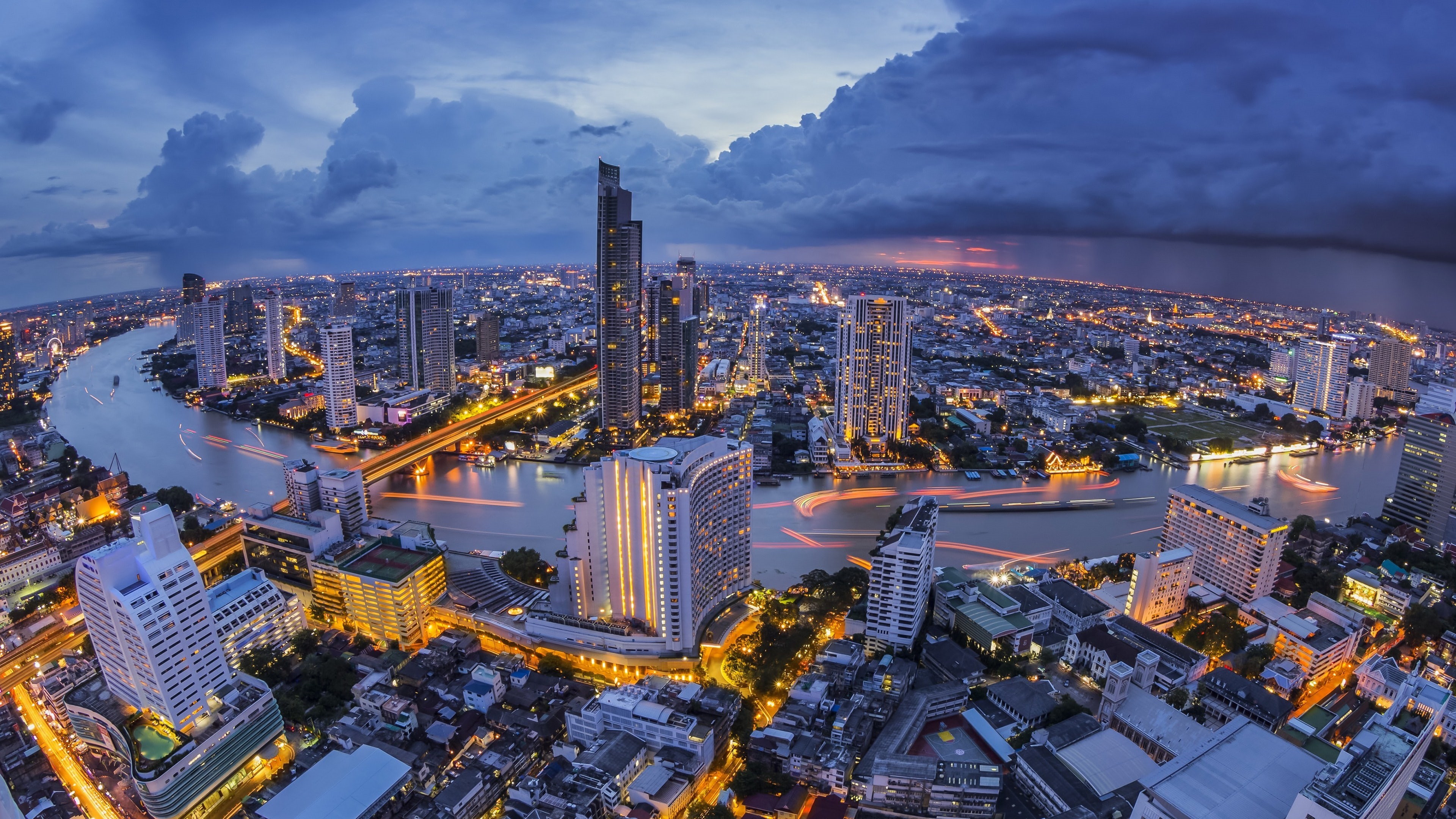 panorama, tower block, sky, river, cityscape, thailand, dusk, landmark, 4K, bangkok, metropolis, evening, lebua at state tower, photgraphy, long exposure photography, HD Wallpaper