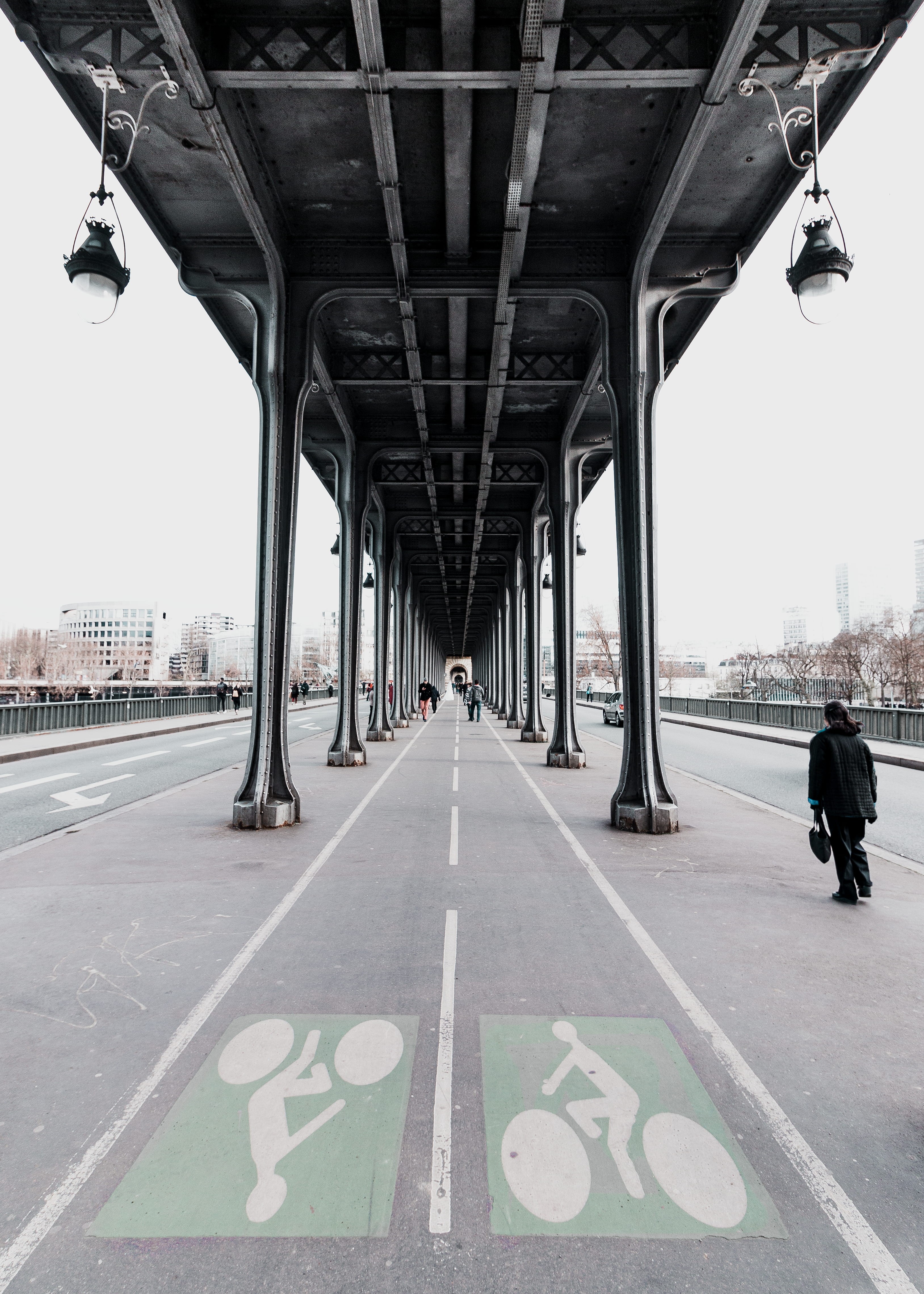 bridge - man made structure, architecture, daytime, sign, street, bicycle, built structure, person, walking, tunnel, beside, day, architectural column, Phone HD Wallpaper