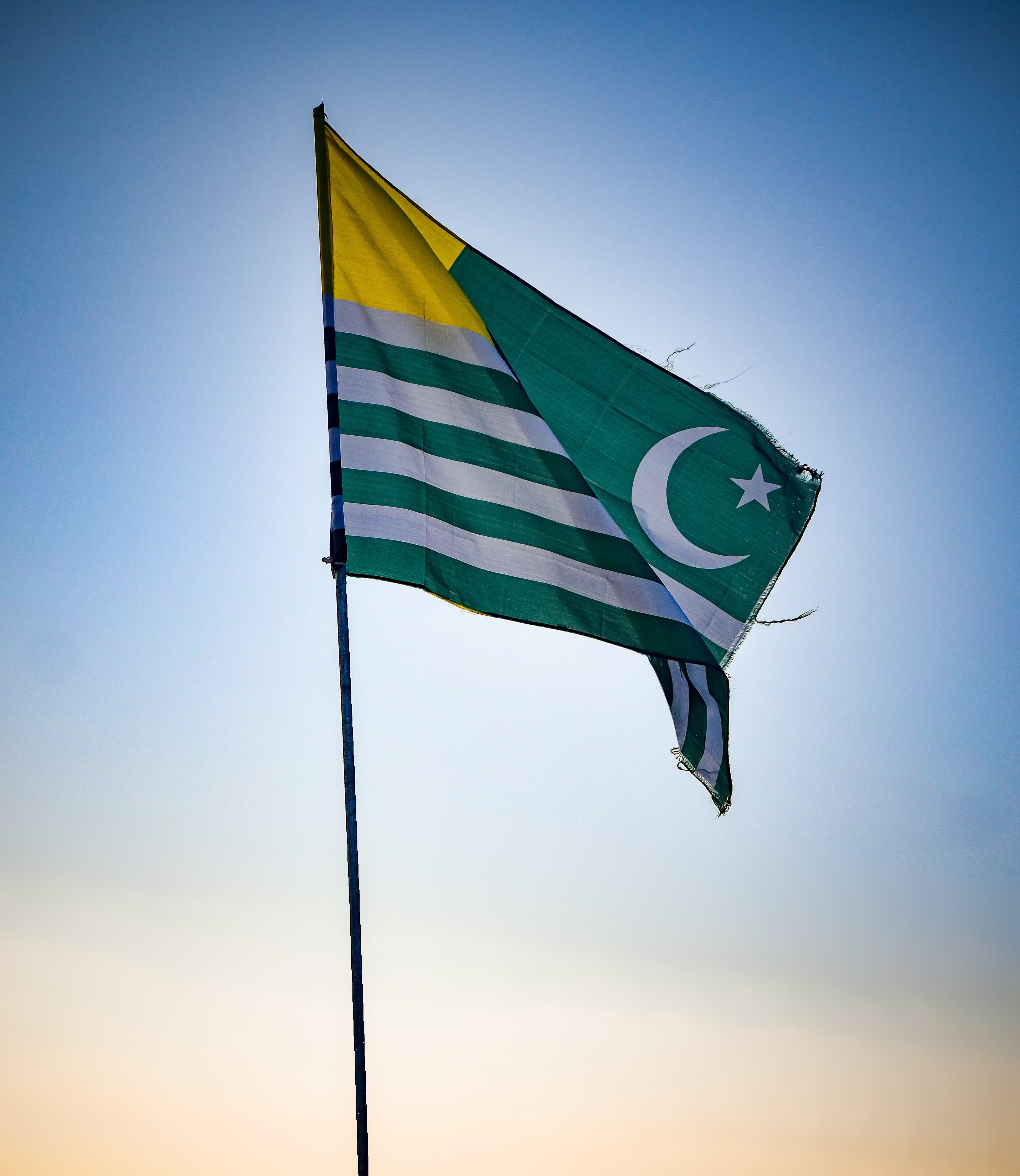 outdoors, environment, striped, 4K, clear sky, nature, freedom, wind, shape, no people, independence, sky, national icon, symbol, low angle view, kashmir flag, Phone HD Wallpaper