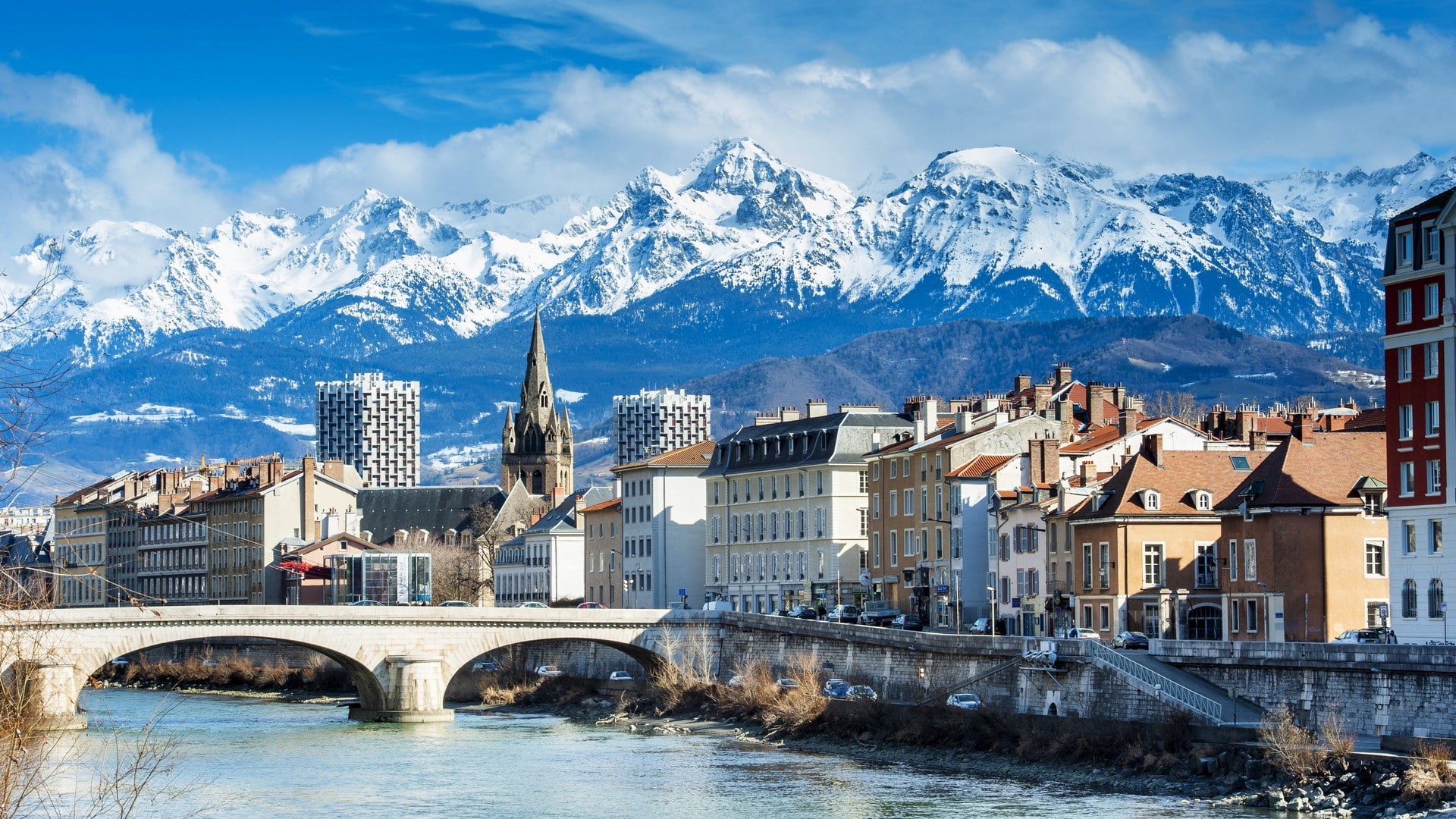 bridge, cityscape, winter, building, mountain, architecture building cityscape trees house grenoble france mountains alps river bridge church snowy peak clouds hills, HD Wallpaper