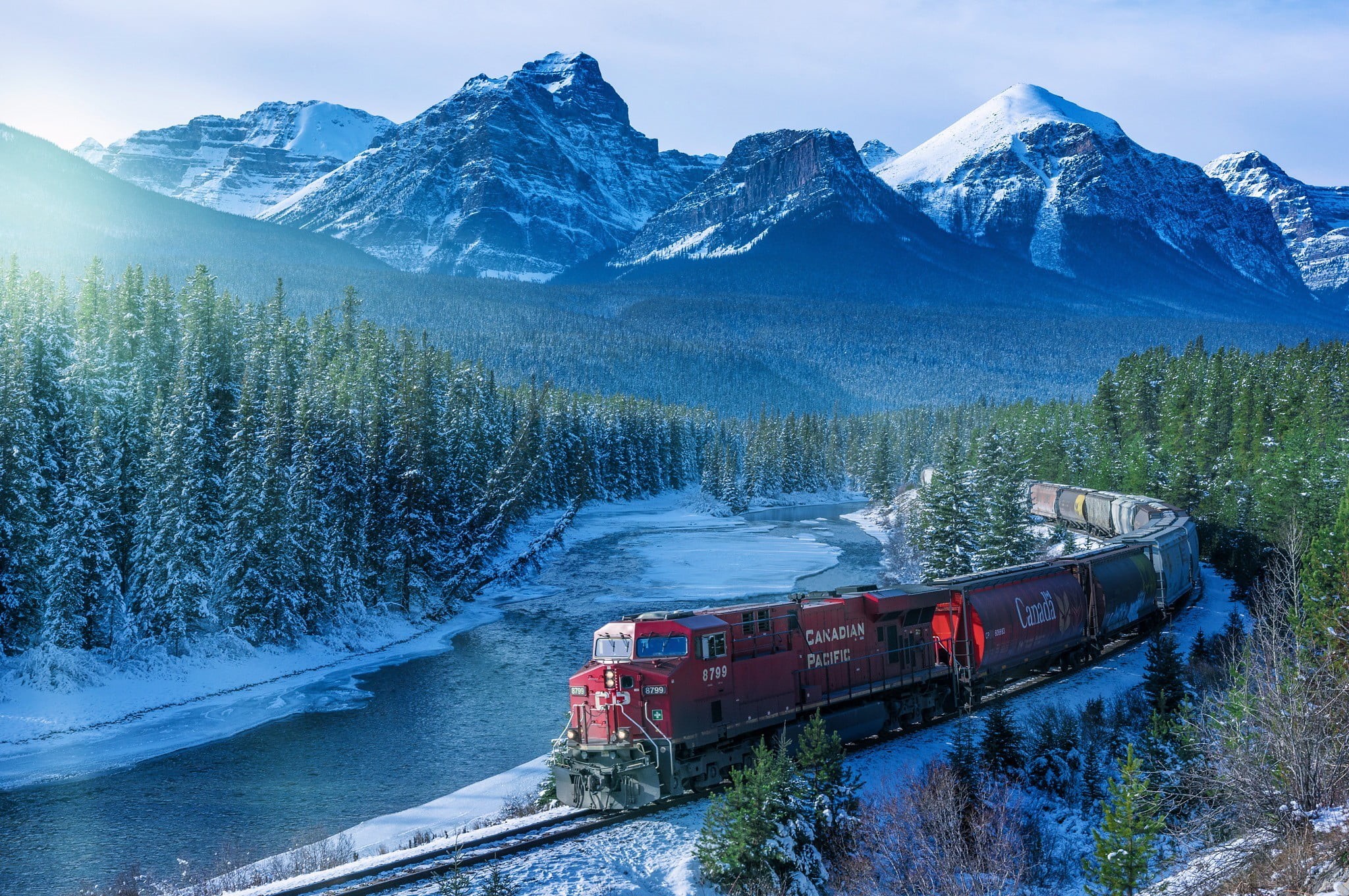 outdoors, mountains, 1080P, mountain, forest, snowcapped mountain, train - vehicle, tree, beauty in nature, scenics - nature, landscape, rail transportation, HD Wallpaper