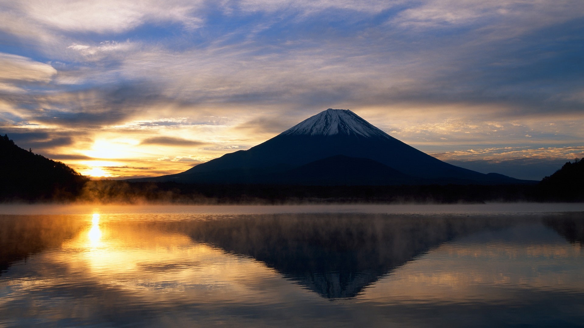 nature, hd, sunlight, reflection, sunset, fog, 1080P, fuji, mt, HD Wallpaper