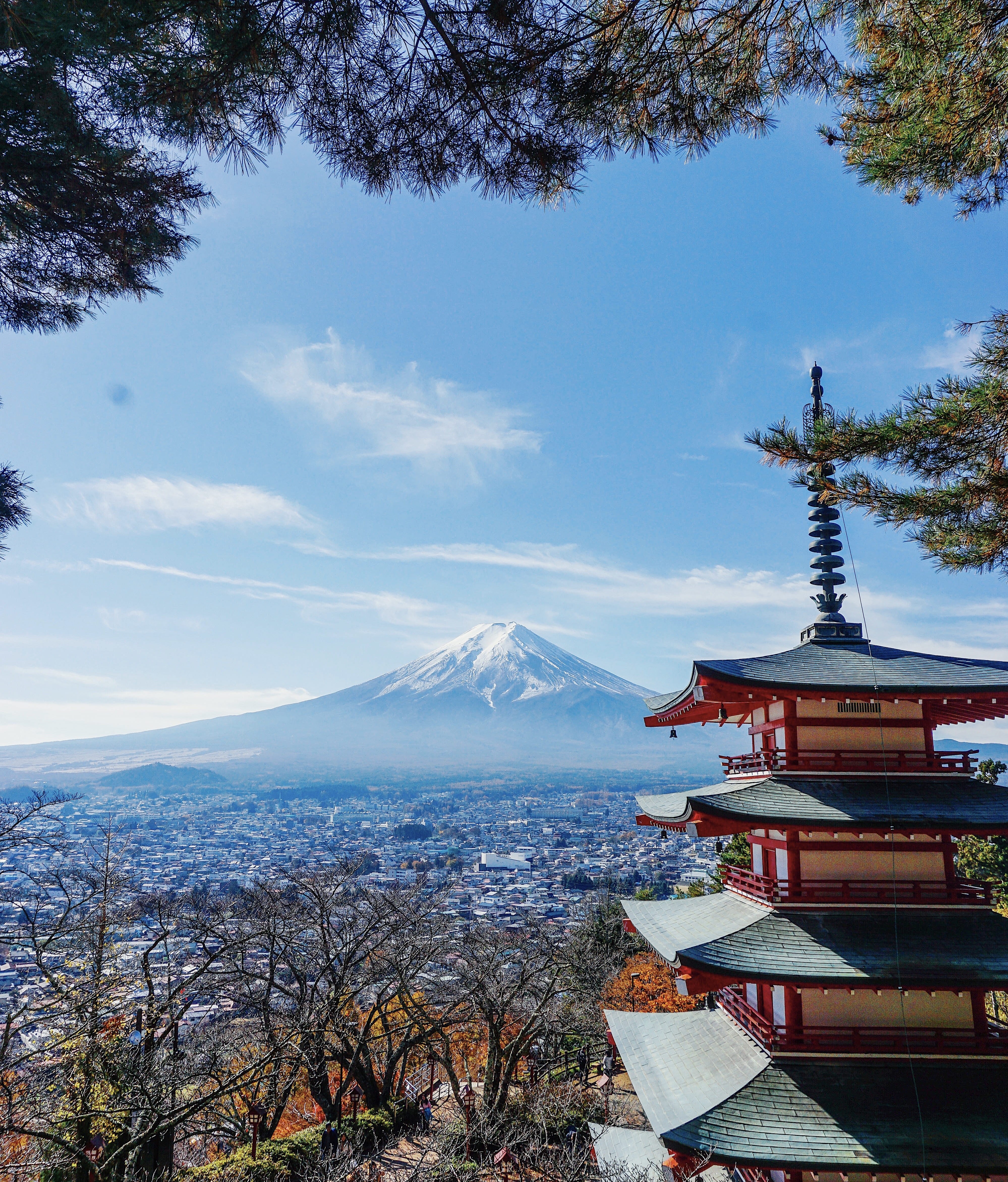 outdoors, fuji, religion, building, plant, mountain, nature, mt. fuji, 4K, sky, snowcapped mountain, day, architecture, mtfuji, mountain range, winter, Phone HD Wallpaper
