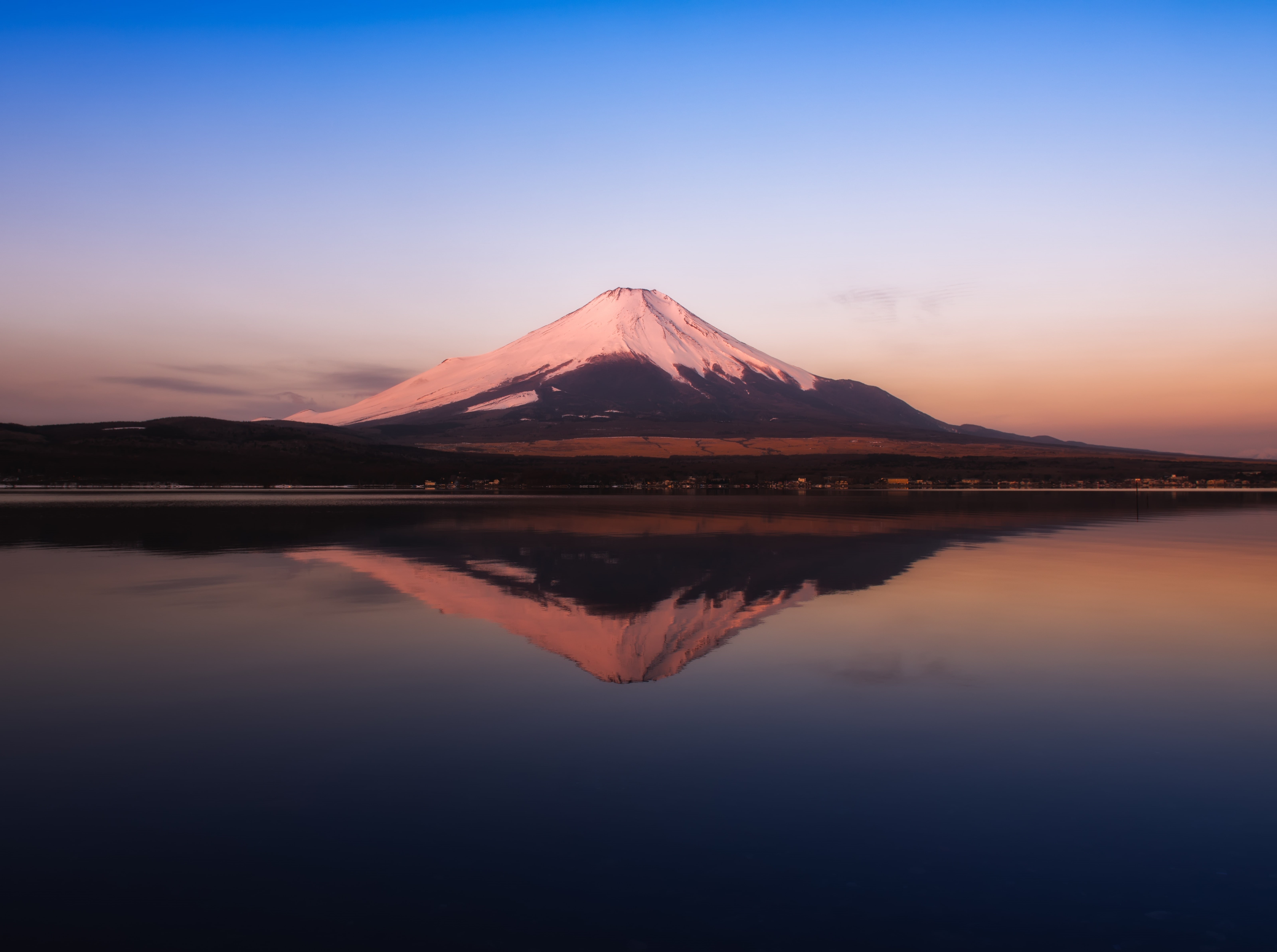 symmetry, yamanashiprefecture, minamitsurudistrict, salt flat, Snow, copy space, Clear, Asia, Morning, Fuji, no people, District, scenics - nature, tranquil scene, HD Wallpaper