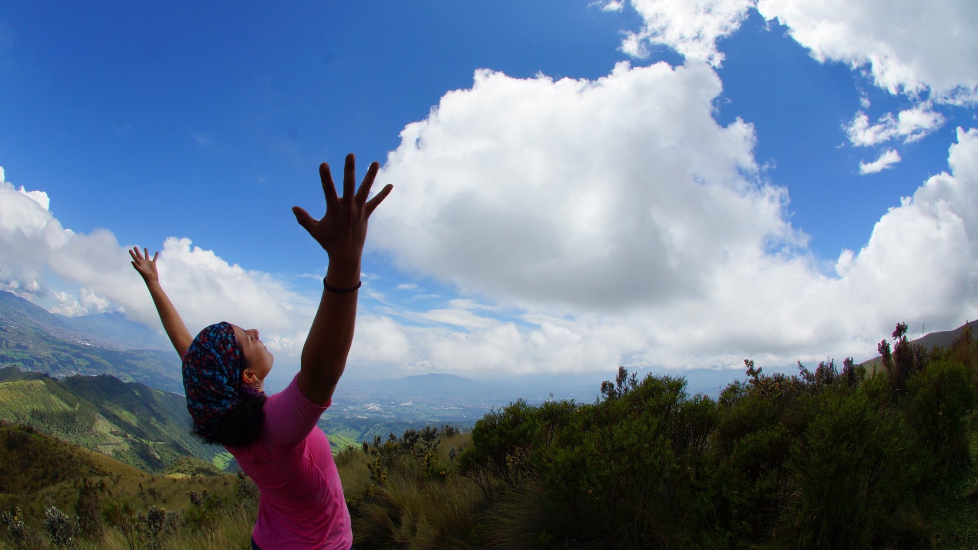 mountain, outdoors, plant, grass, woman, hand, tree, hiking, cloud - sky, spirituality, day, arms Outstretched, summer, cloud, blue, lifestyles, hand raised, HD Wallpaper