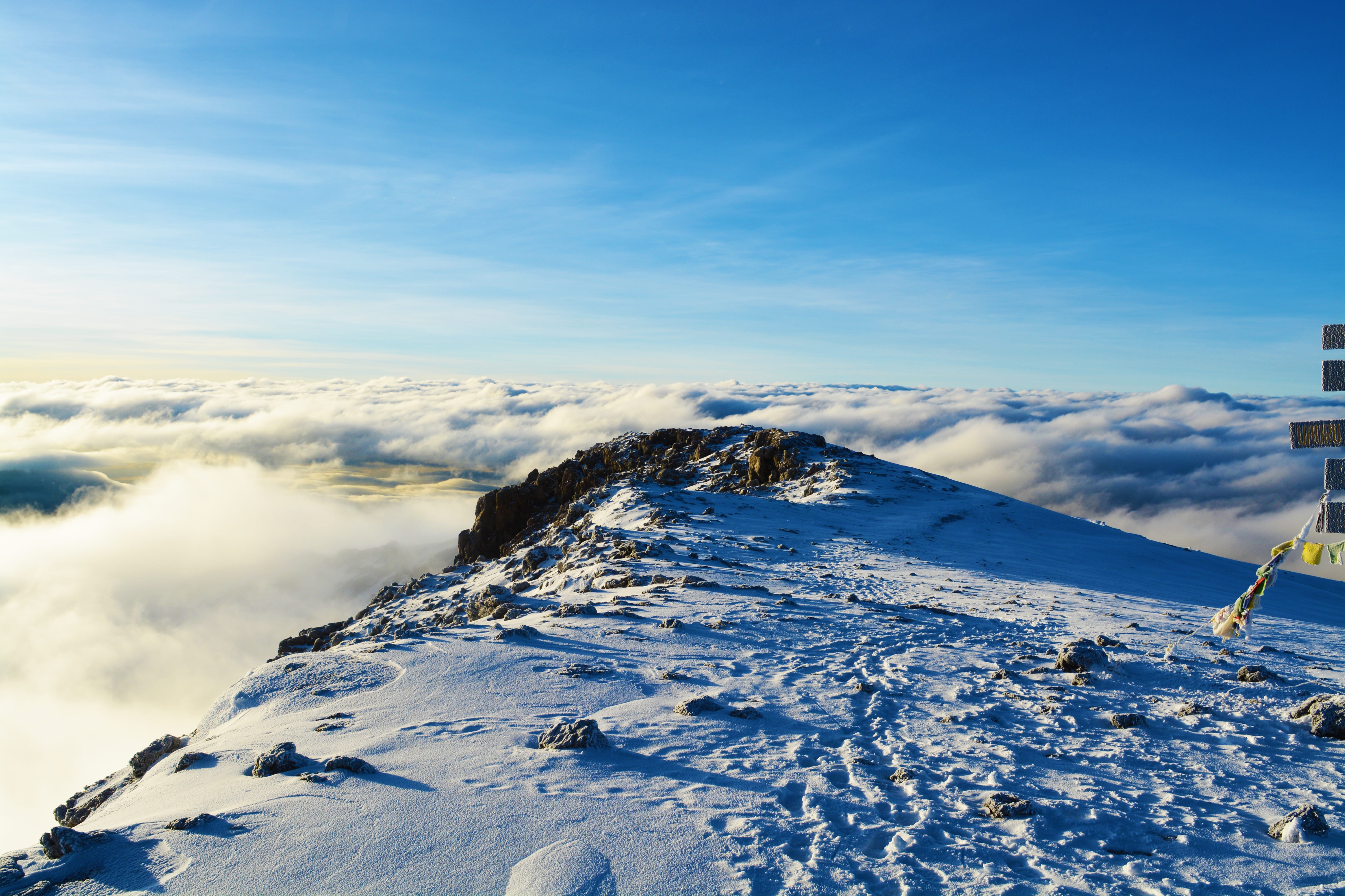 idyllic, cloud - sky, africa, cold temperature, blue, non-urban scene, tanzania, day, environment, kilimanjaro summit, snowcapped mountain, sky, snow, nature, HD Wallpaper