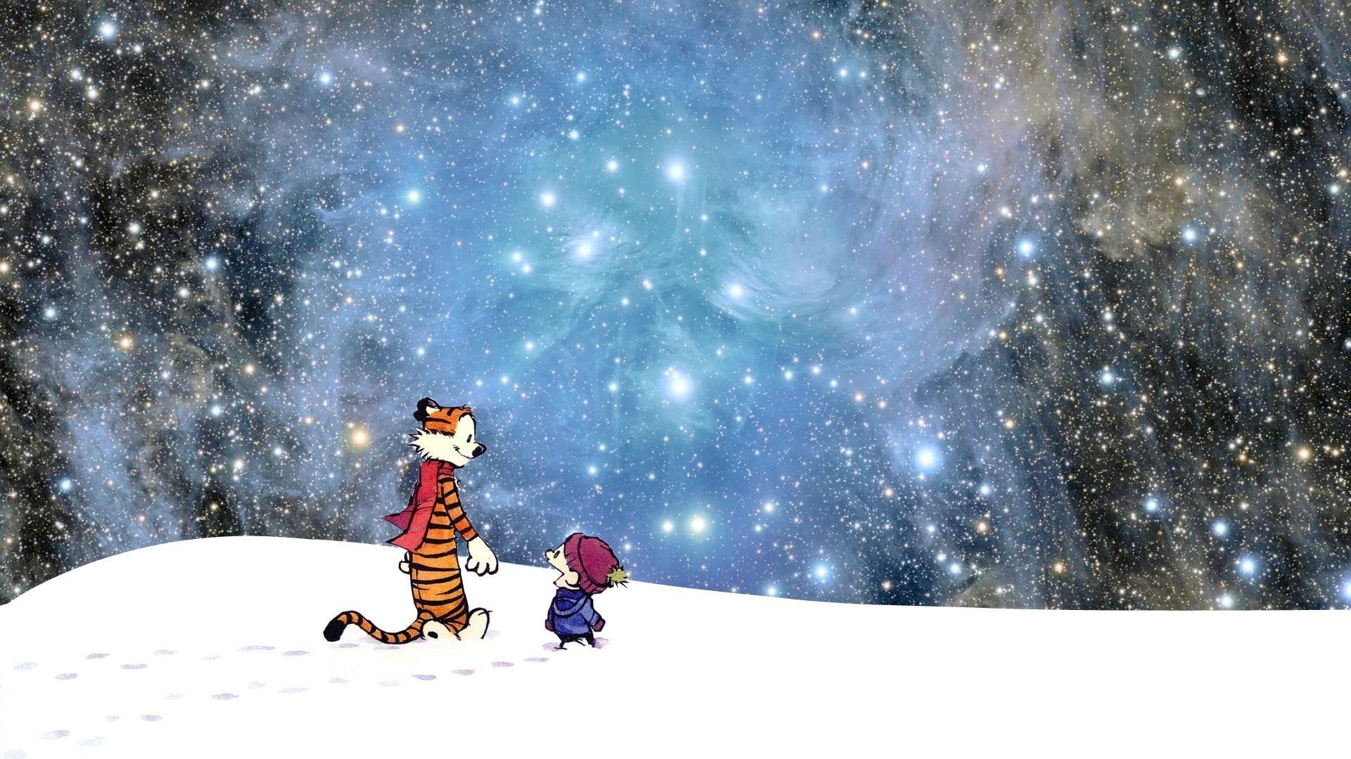 astronomy, nature, beauty in nature, night, Calvin and Hobbes, space, warm clothing, sky, scarf, outdoors, 1080P, people, scenics - nature, full length, HD Wallpaper