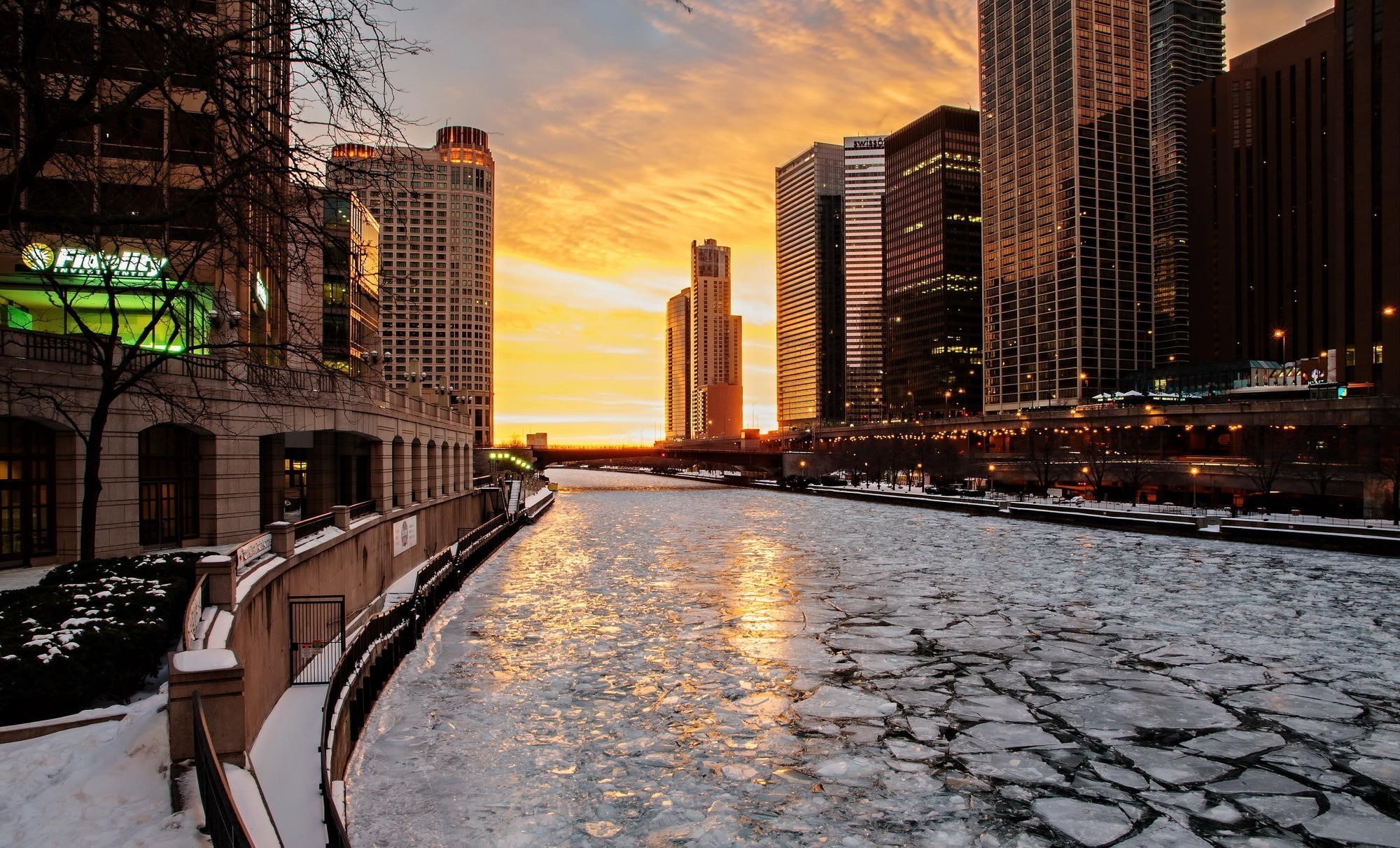 river, ice, water, Chicago, America, city, icy, 1080P, USA, snow, winter, skyscrapers, HD Wallpaper