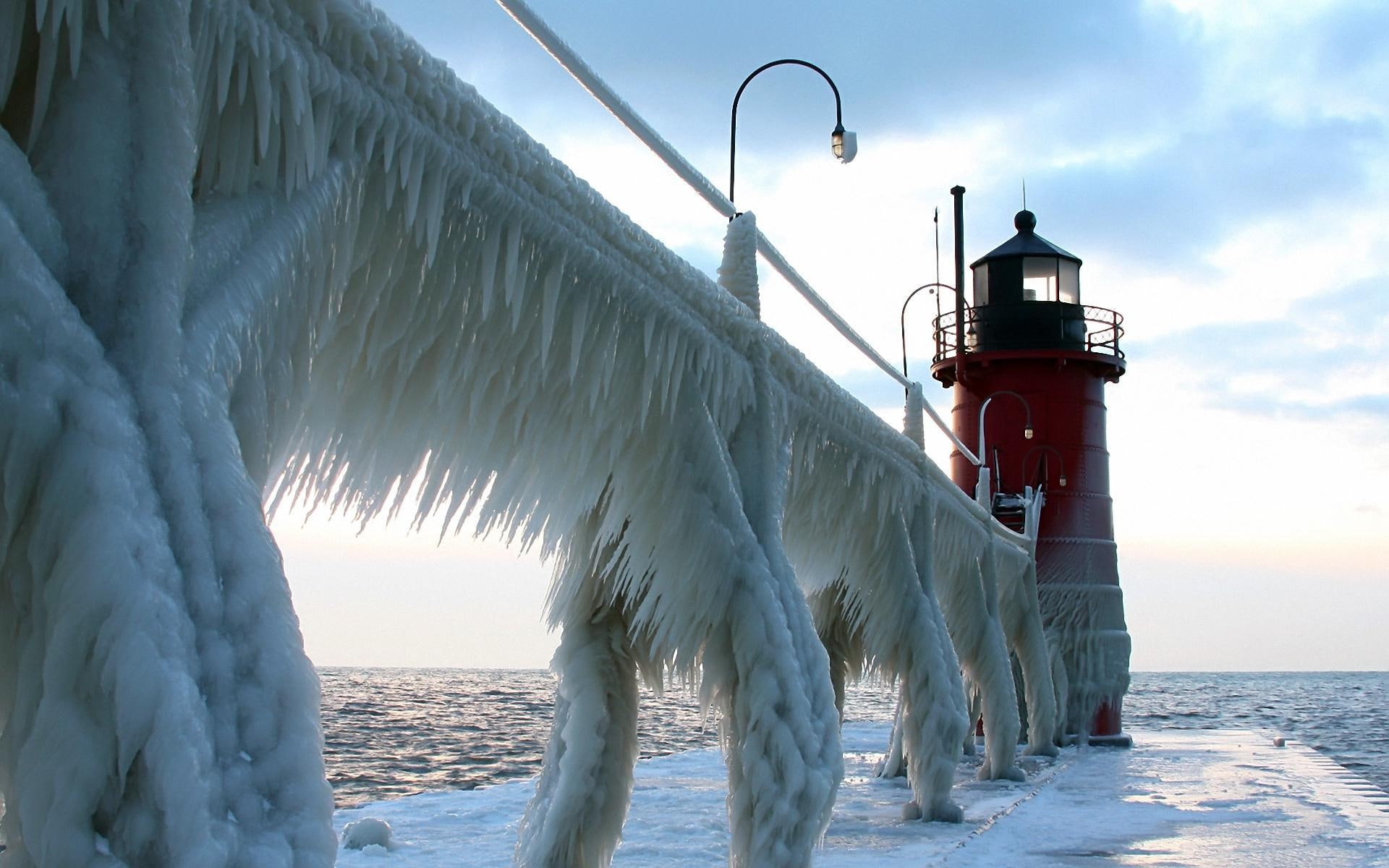 road, winter, nature, 1080P, lighthouse, icy, HD Wallpaper