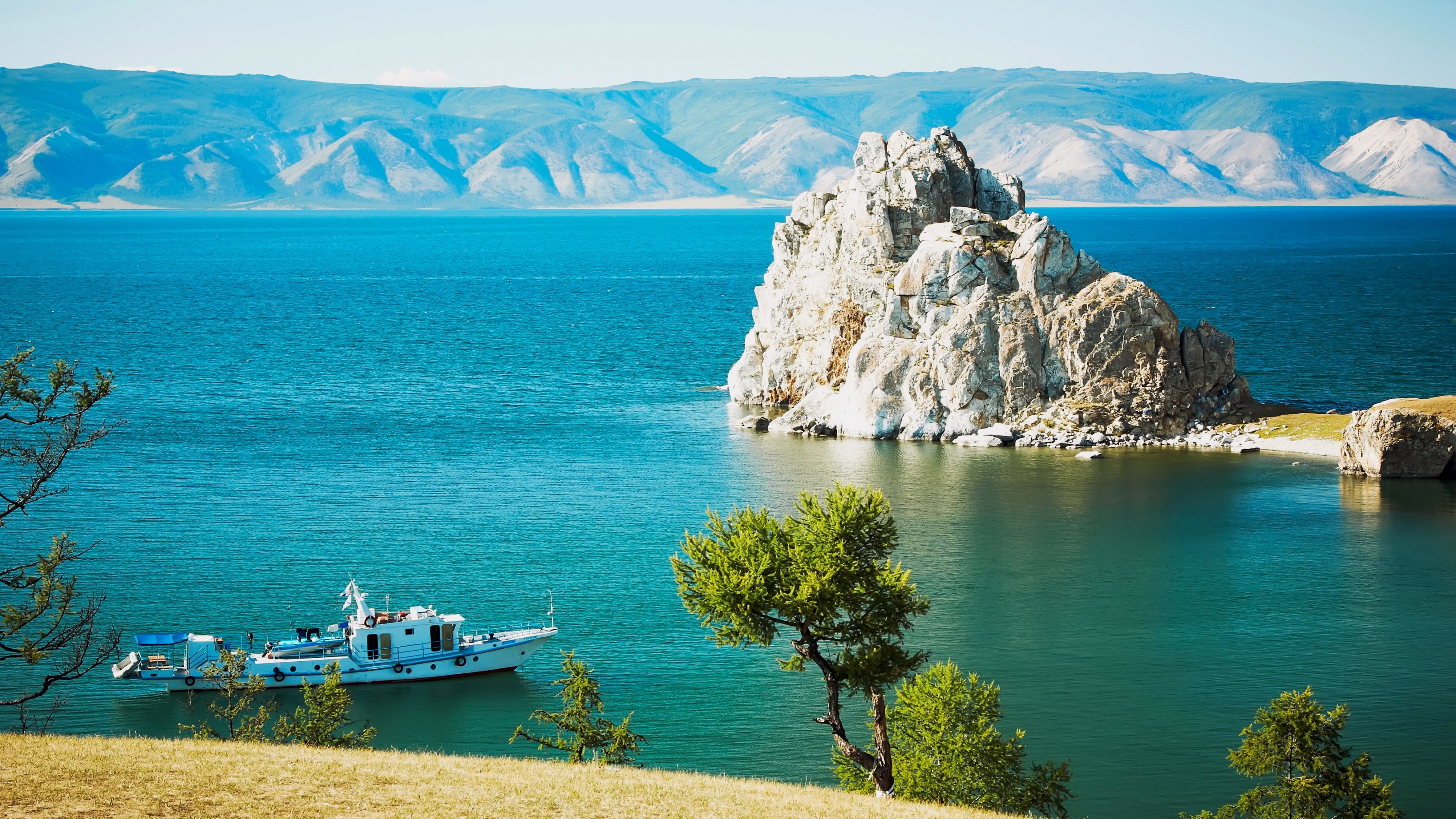 siberia, cape shaman, 4K, khuzhir, baikal, cape burkhan, lake baikal, rock, island, ship, sky, baikal lake, coast, cape, olkhon island, russia, shaman rock, HD Wallpaper