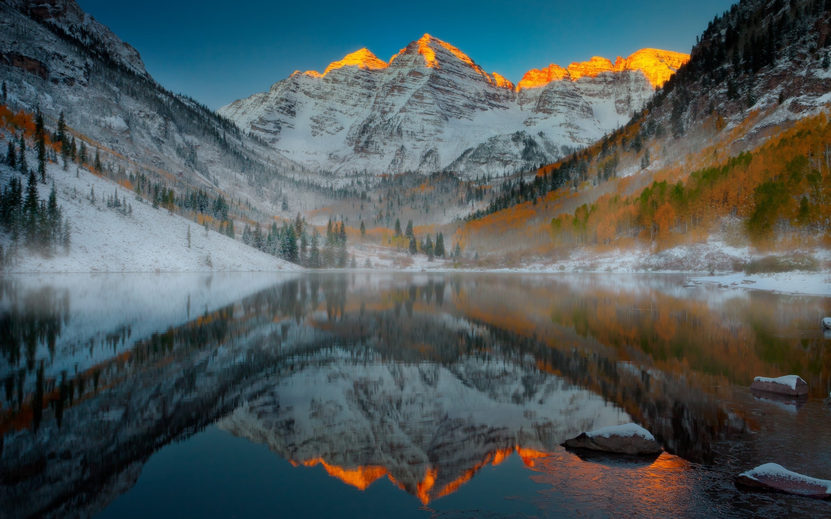 aspen, snow, mountain, aspen mountain, lake reflection, lake, 2K, colorado, HD Wallpaper