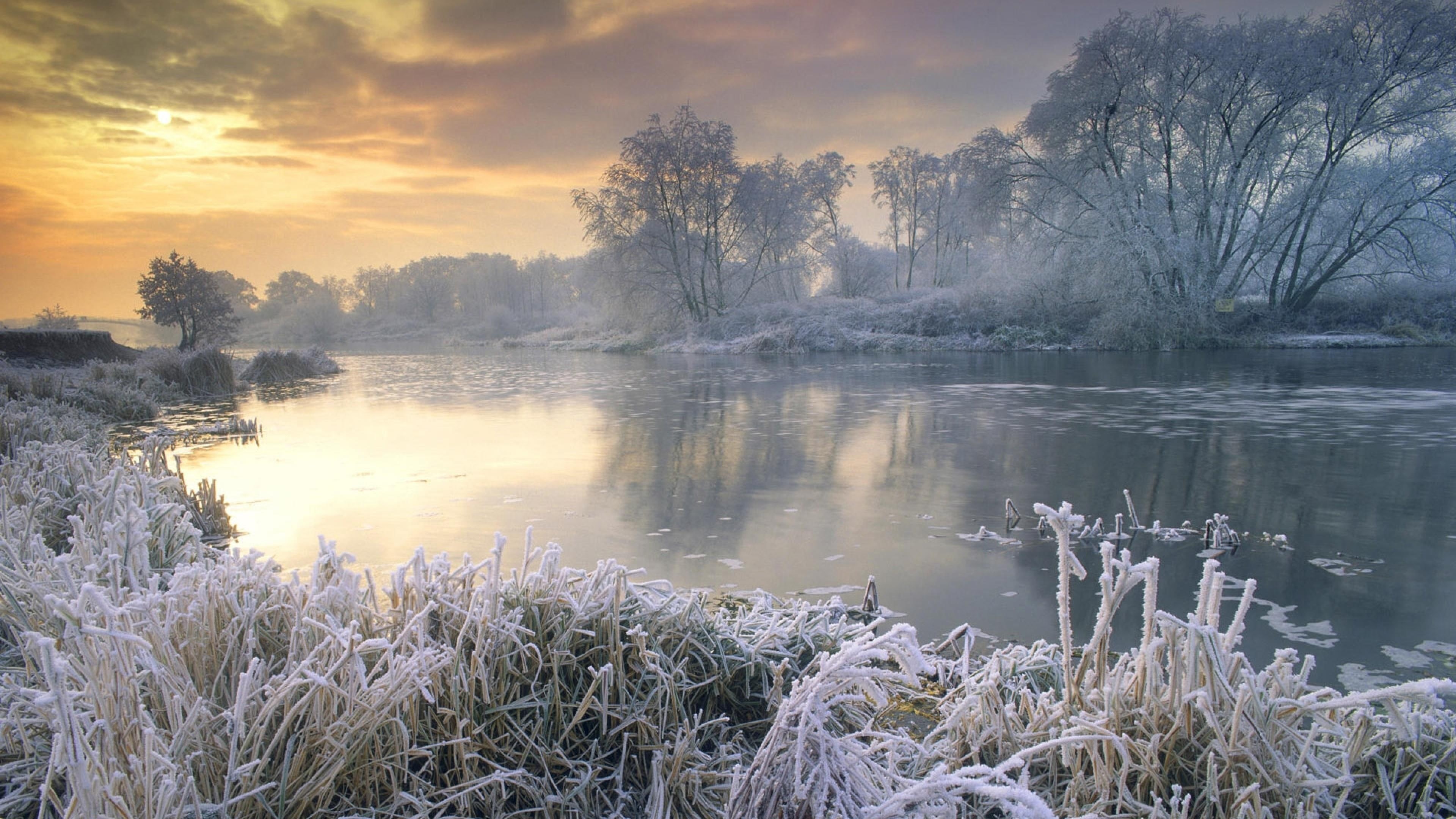 ice, grass, bank, freezing, hoarfrost, sky, reflection, mist, nature, dawn, tree, 4K, frost, water, morning, river, frozen, winter, HD Wallpaper