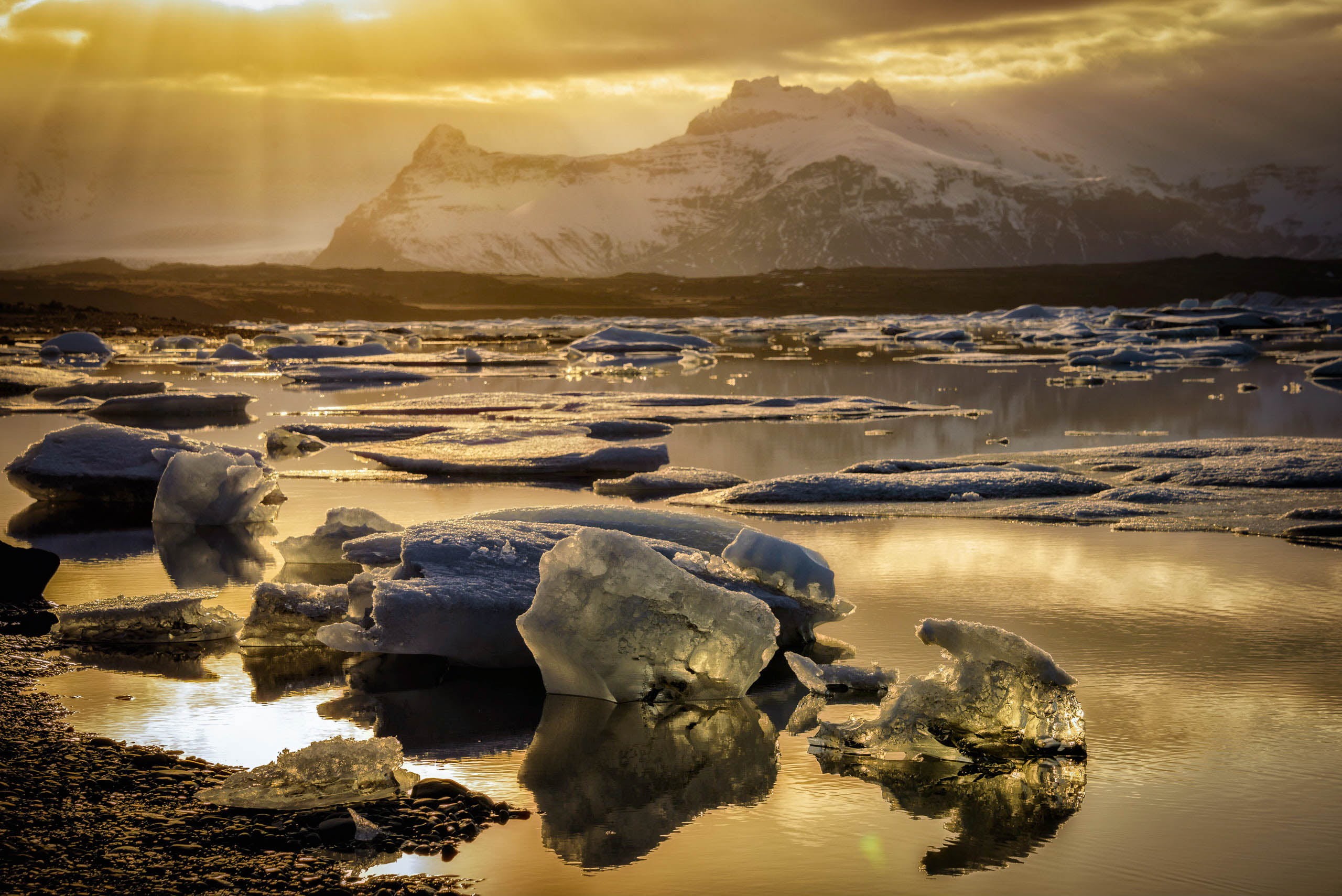 rock - Object, Icebergs, Lagoon, outdoors, landscape photography, mountain, snow, 2K, dawn, sunset, Iceland, Glacier, reflection, water, covered, nature, HD Wallpaper