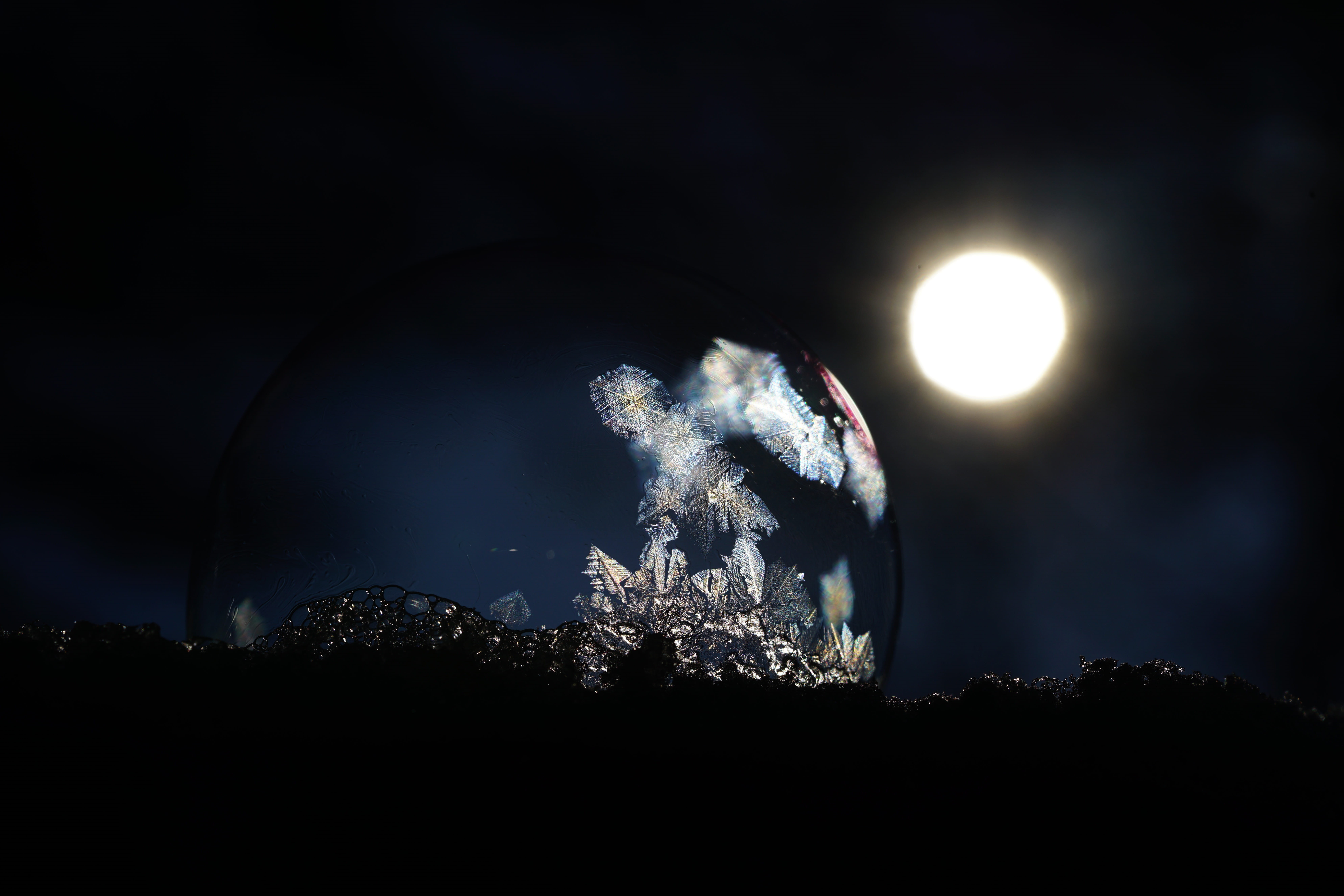 photography, lens flare, sky, illuminated, nature, tree, moonlight, macro photography, space, planet - Space, plant, bubble, frozen, photo art, city, moon, HD Wallpaper