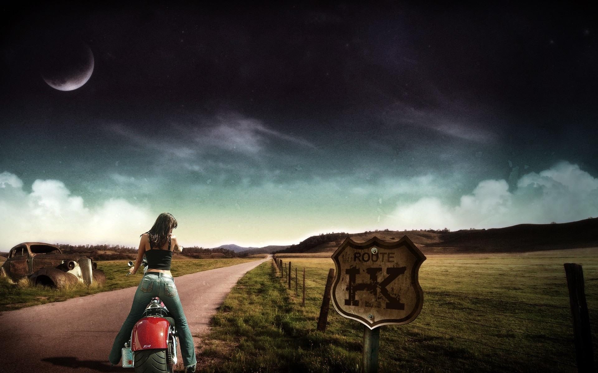 1080P, girl, view, landscape, colorful, motorcycle, colors, nature, harley, beauty, 3d and abstract, HD Wallpaper