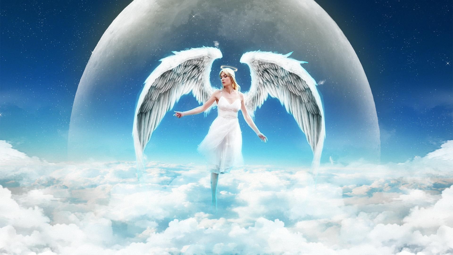white, 1080P, angel, 3d and abstract, sky, wings, HD Wallpaper