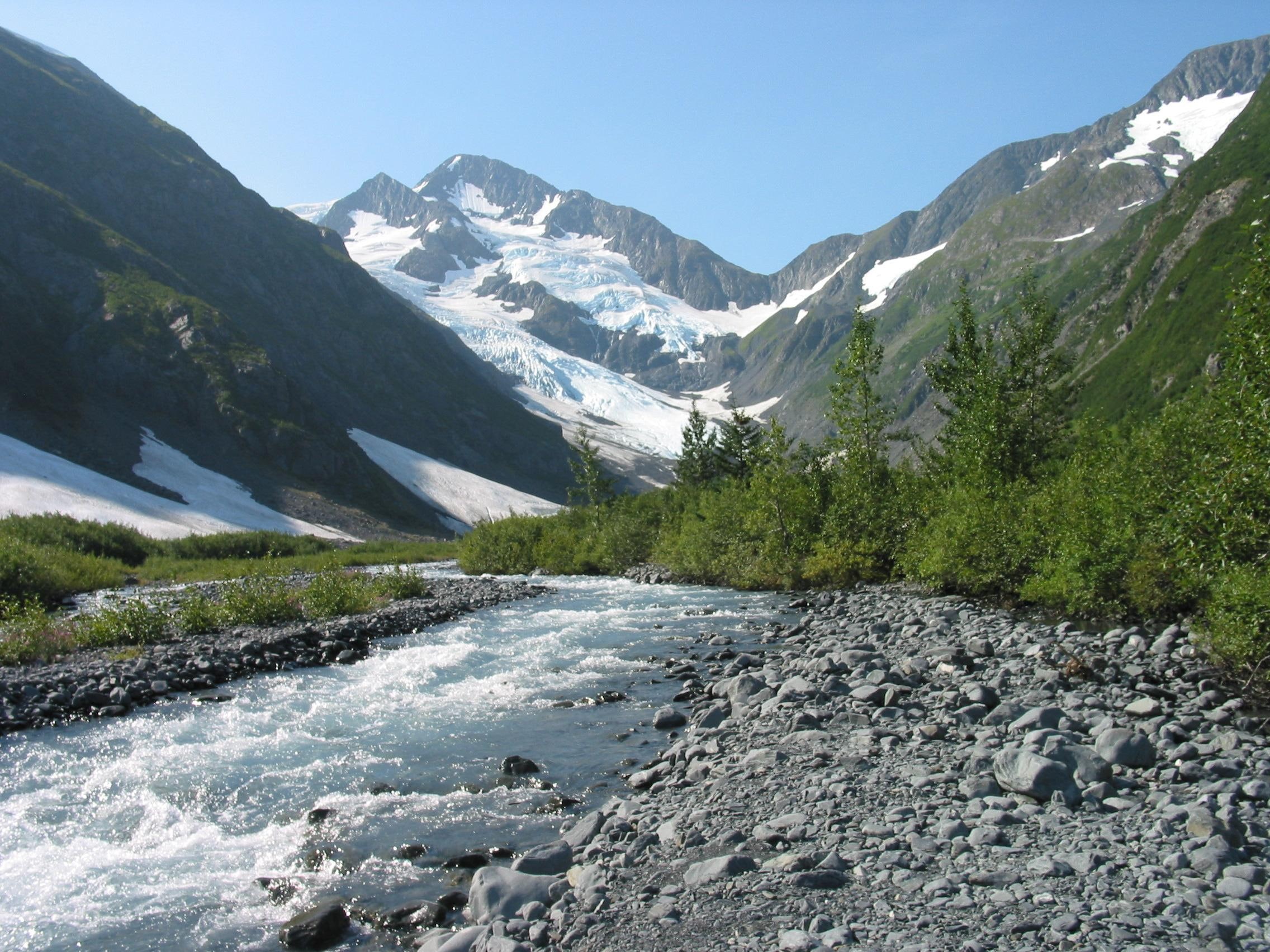 run, 3d and abstract, river, glacier, trail to glacier, mountains, 1080P, alaska, HD Wallpaper