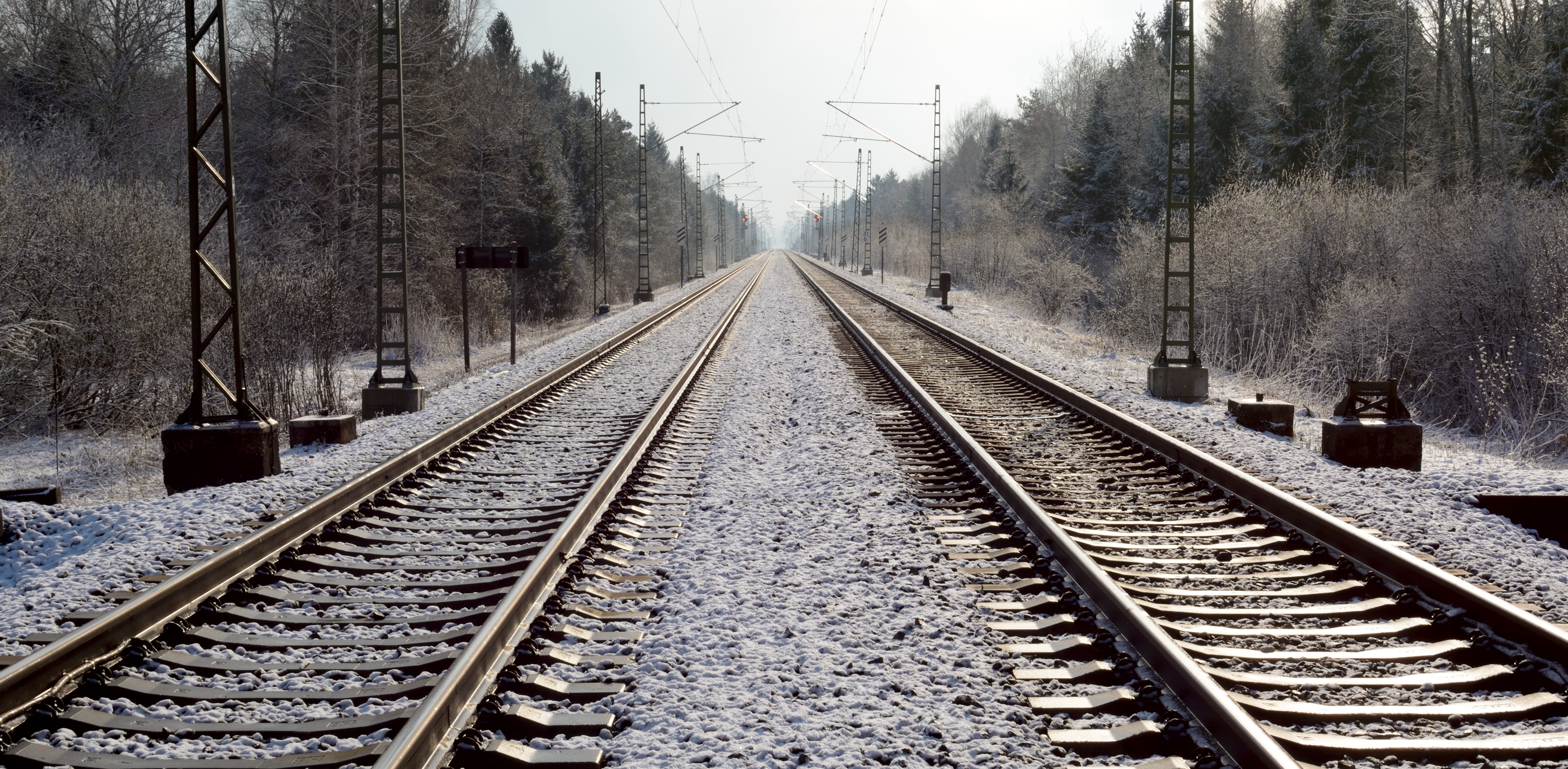 direction, daytime, electricity, the way forward, no people, transportation, 5K, snow, transport, rail transportation, railroad tracks, day, railway, track, HD Wallpaper