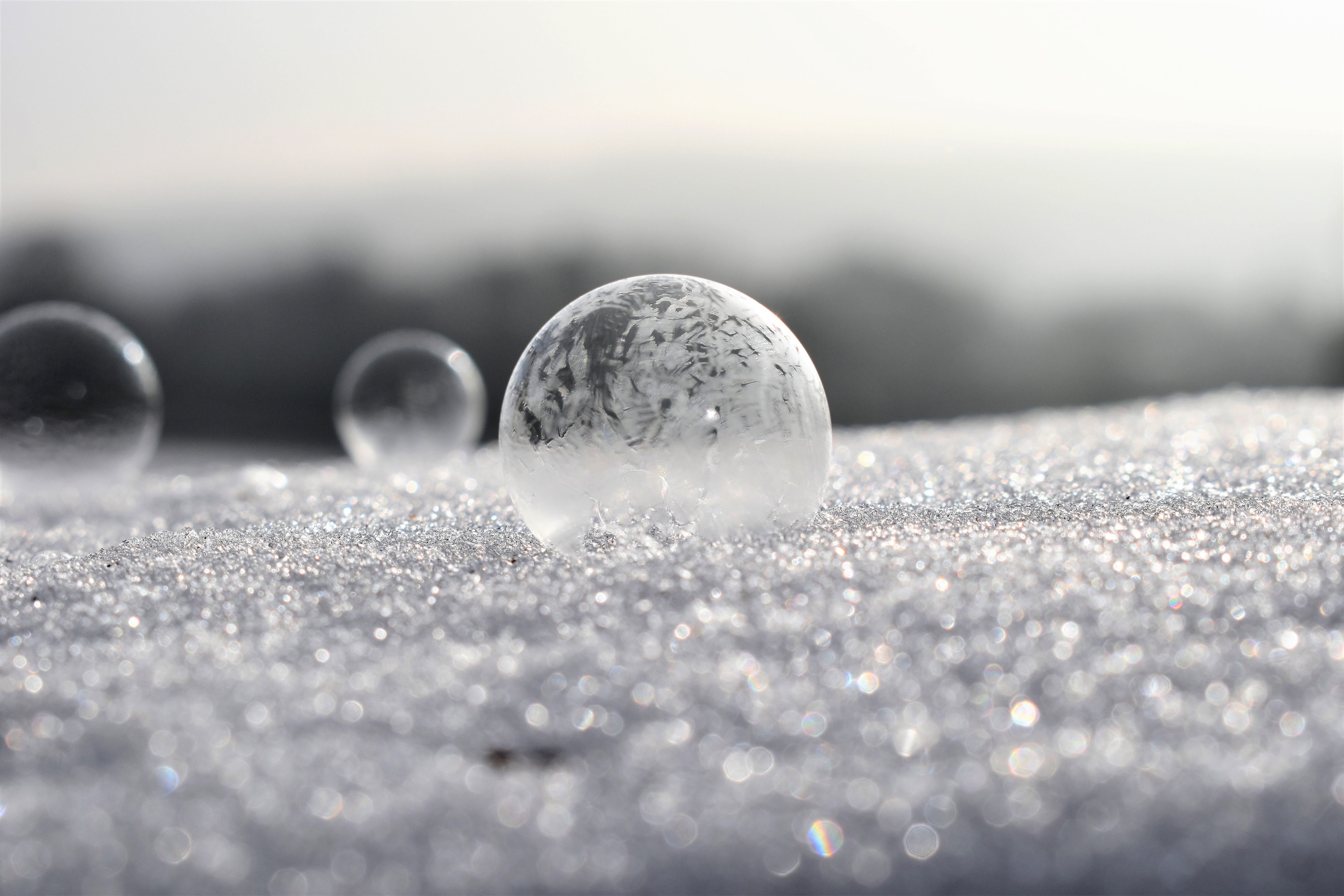 crystals, frost, frosted soap bubble, cold, selective focus, surface, outdoors, bubble, water, snow, nature, day, winter, sphere, back light, shiny, backgrounds, HD Wallpaper