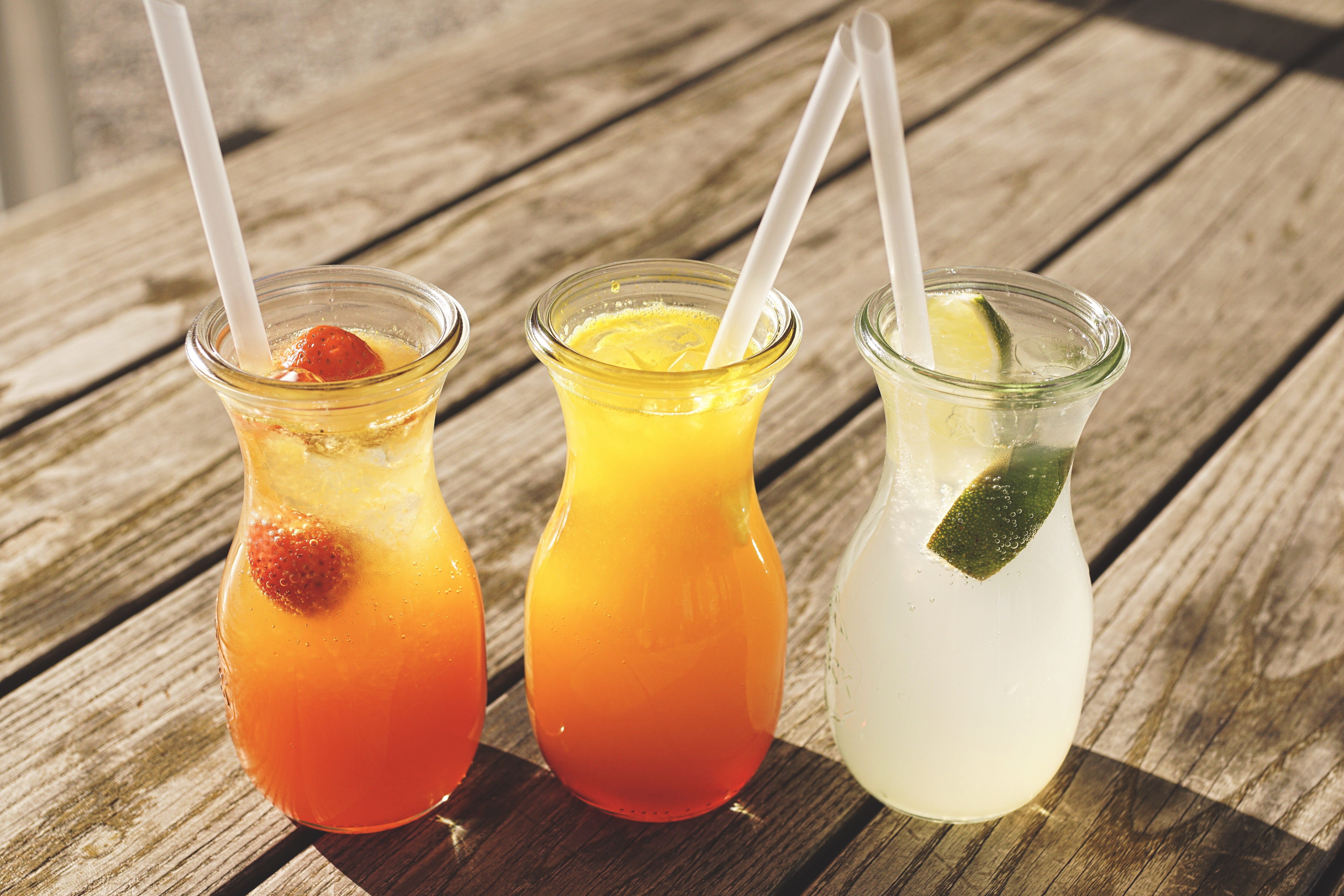 summer, drinking glass, lemonade, herb, orange color, refreshment, household equipment, assorted, straw, food, fresh, chilled, fruity, three, close-up, HD Wallpaper