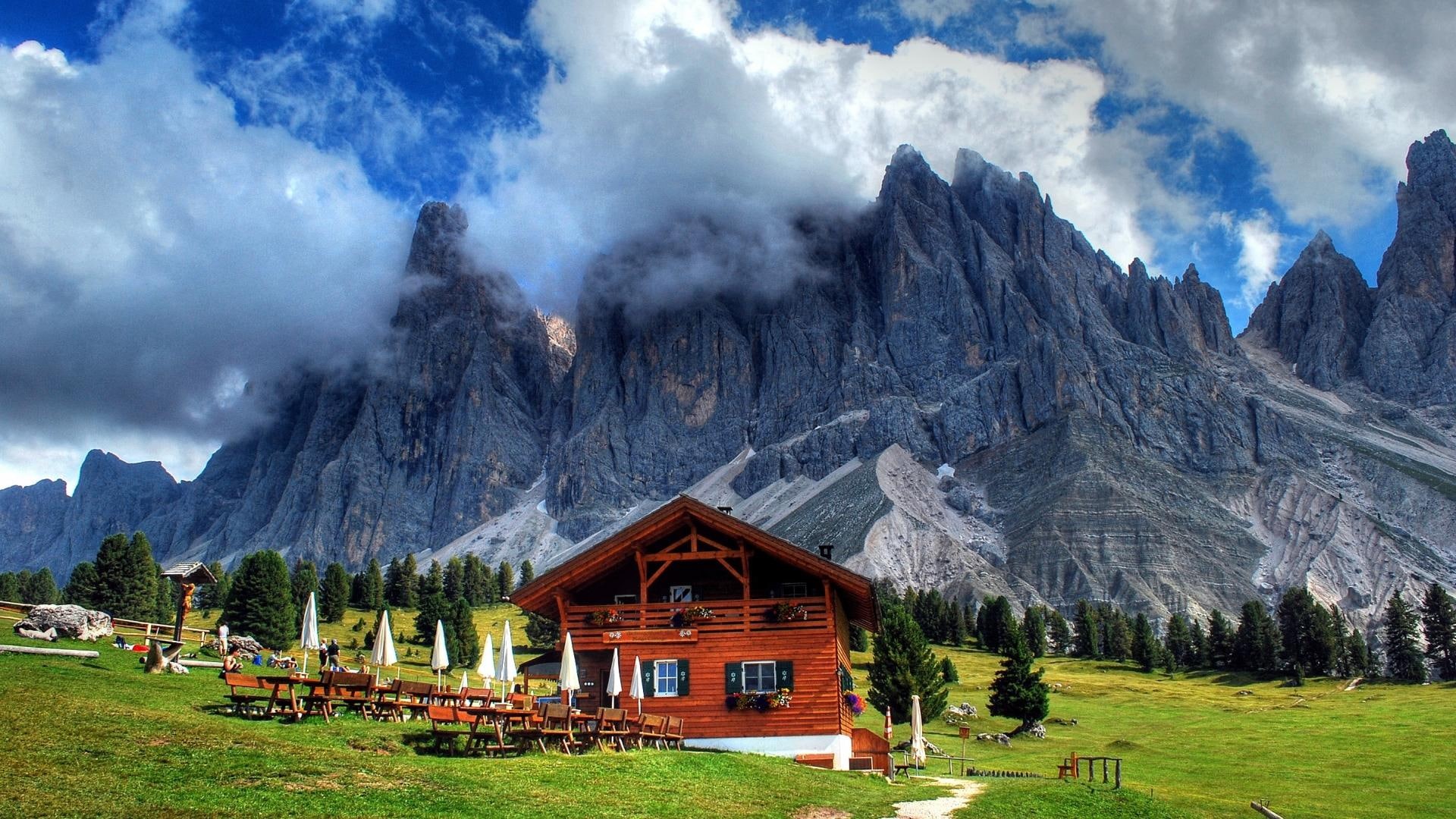 alps, nature and landscapes, restaurant, mountains, chalet, meadow, 1080P, clouds, HD Wallpaper
