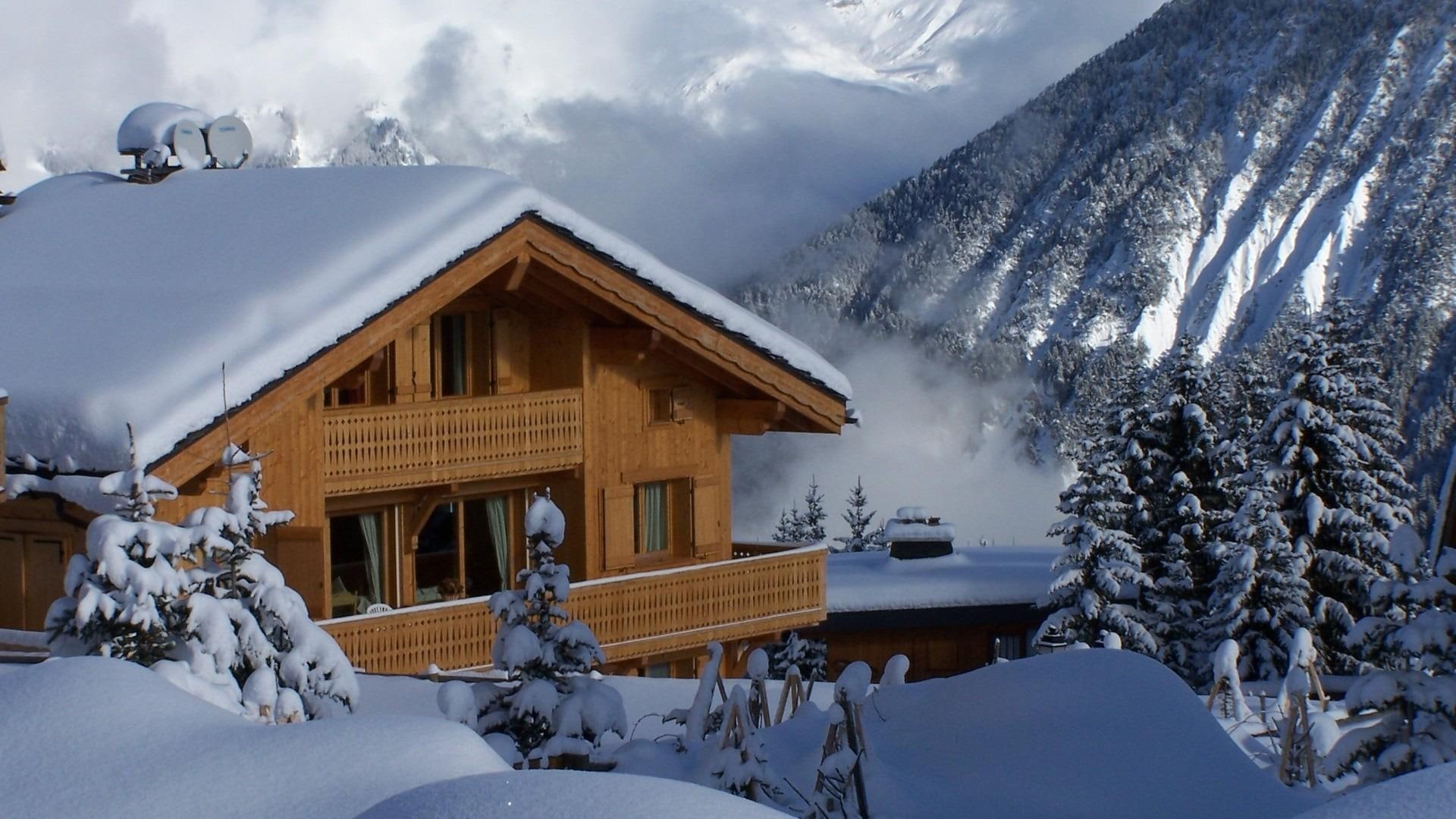 clouds, 1080P, snow, nature and landscapes, deep, winter, chalet, mountain, HD Wallpaper