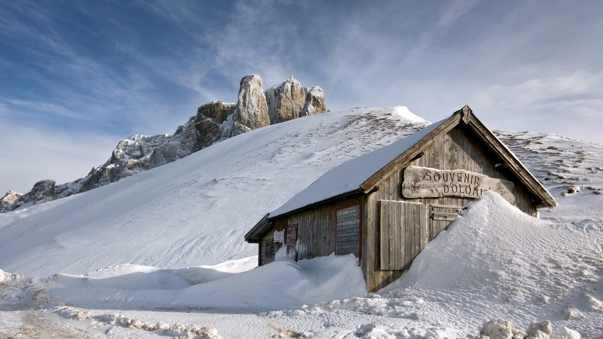 environment, winter, 1080P, nature, snowcapped mountain, cold temperature, building exterior, cabin, outdoors, scenics - nature, sky, frozen, mountain peak, HD Wallpaper